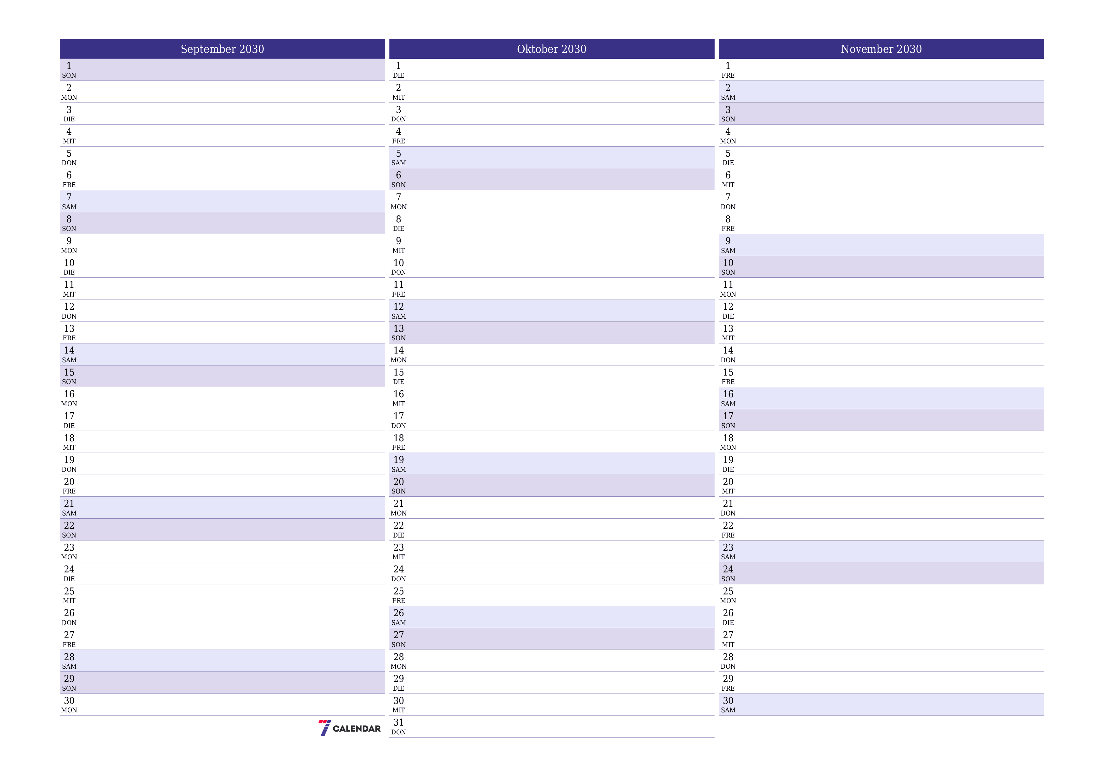 Monatsplaner für Monat September 2030 mit Notizen leeren, speichern und als PDF PNG German - 7calendar.com drucken
