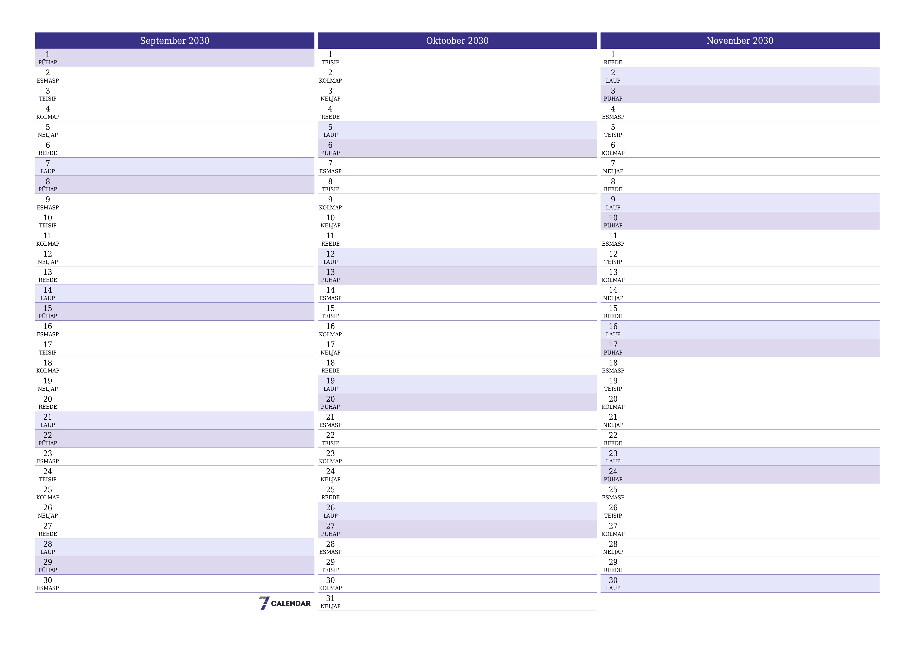 Tühjendage kuu September 2030 kuuplaneerija märkmetega, salvestage ja printige PDF-i PNG Estonian