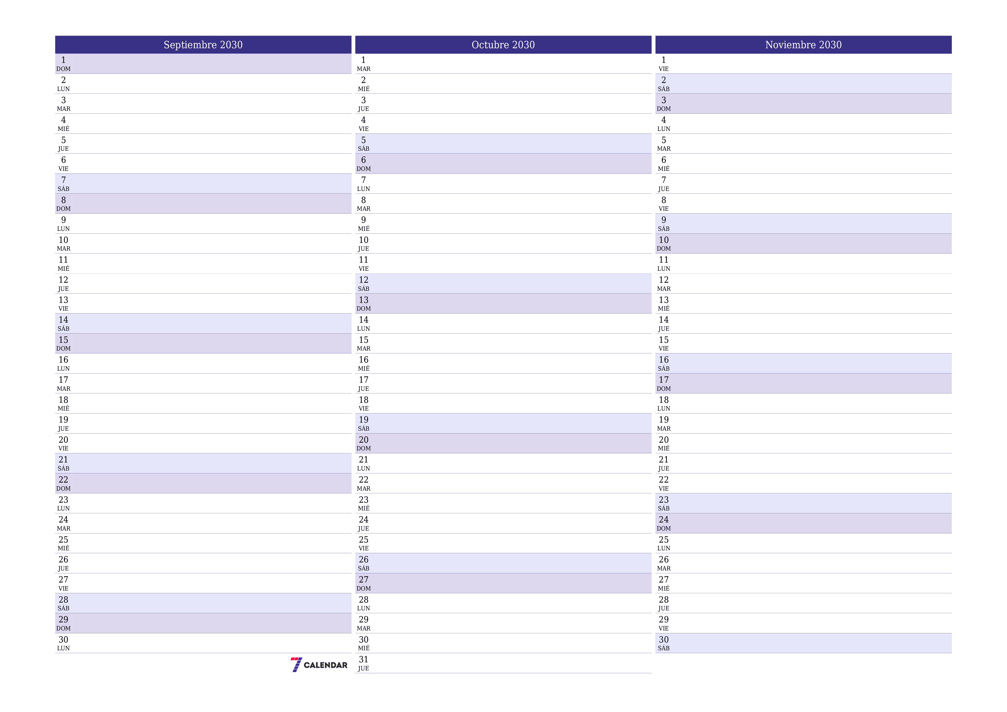 Planificador mensual vacío para el mes Septiembre 2030 con notas, guardar e imprimir en PDF PNG Spanish