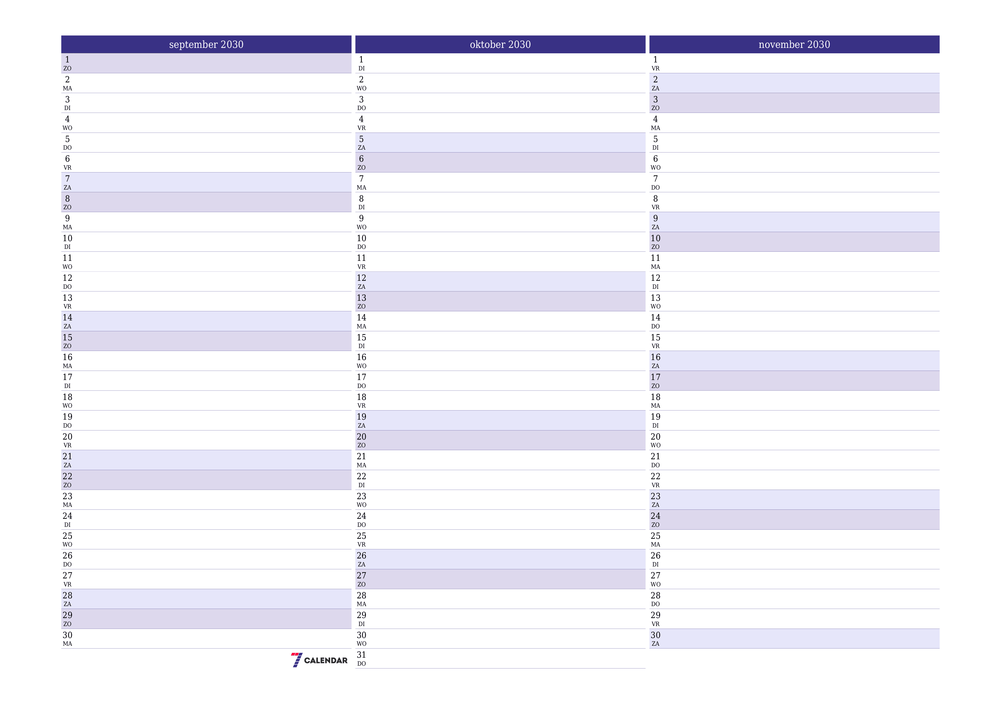 Lege maandplanner voor maand september 2030 met notities, opslaan en afdrukken naar pdf PNG Dutch