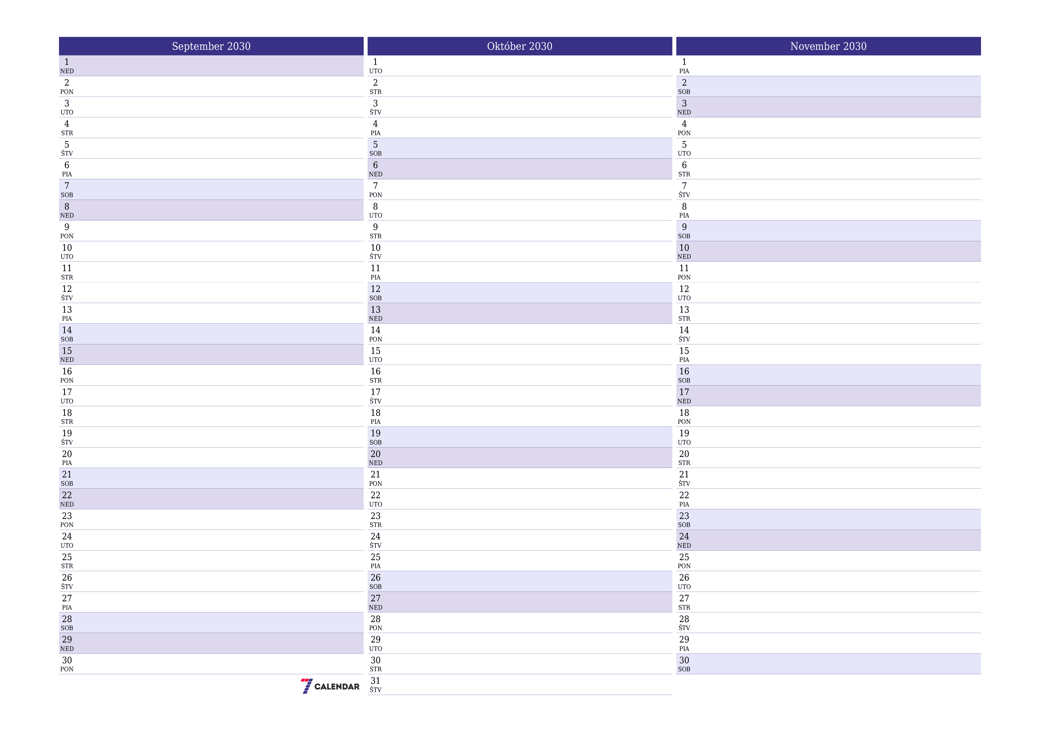 Prázdny mesačný plánovač na mesiac September 2030 s poznámkami, uloženie a tlač do PDF PNG Slovak