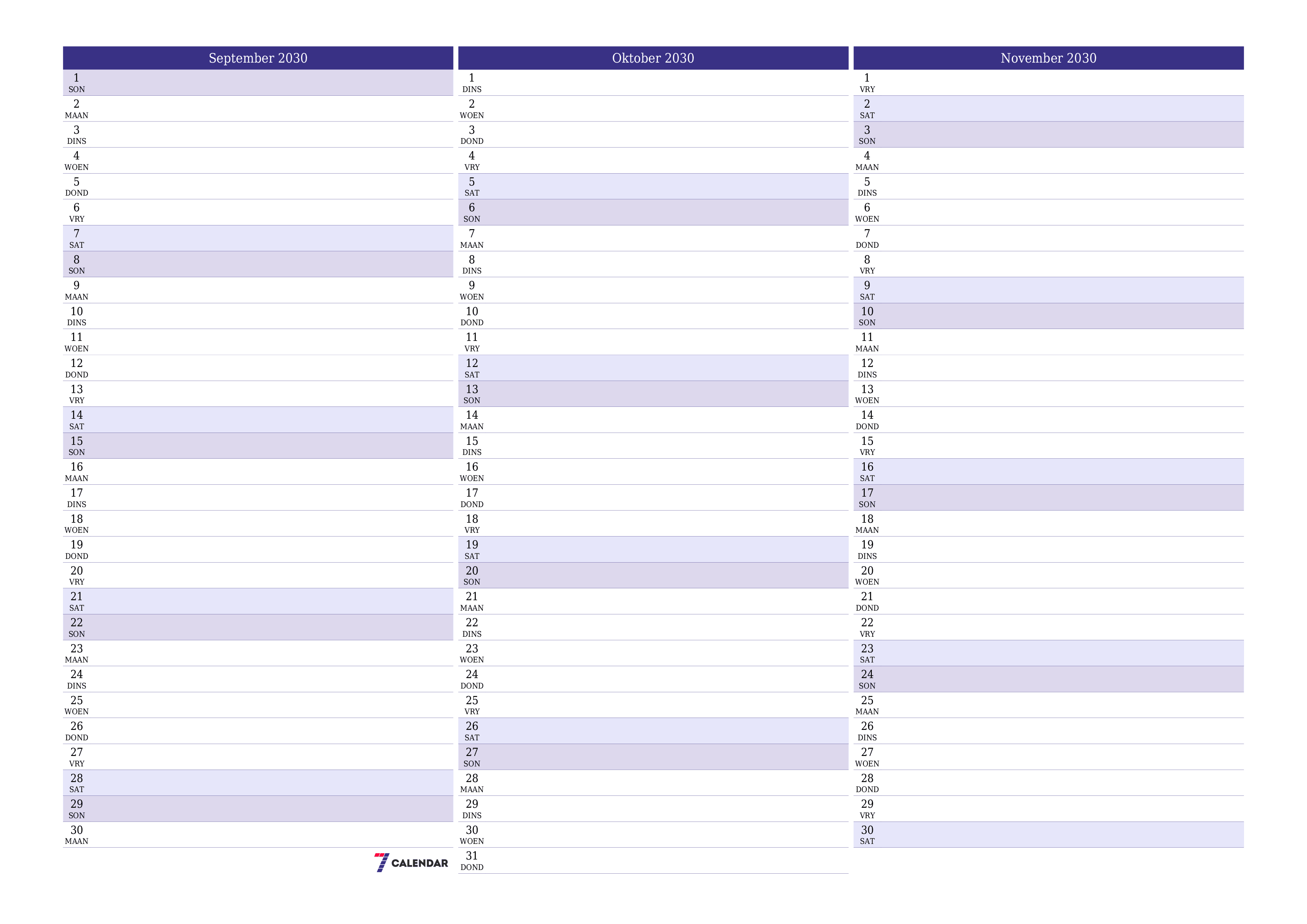 Leë maandelikse drukbare kalender en beplanner vir maand September 2030 met notas stoor en druk na PDF PNG Afrikaans