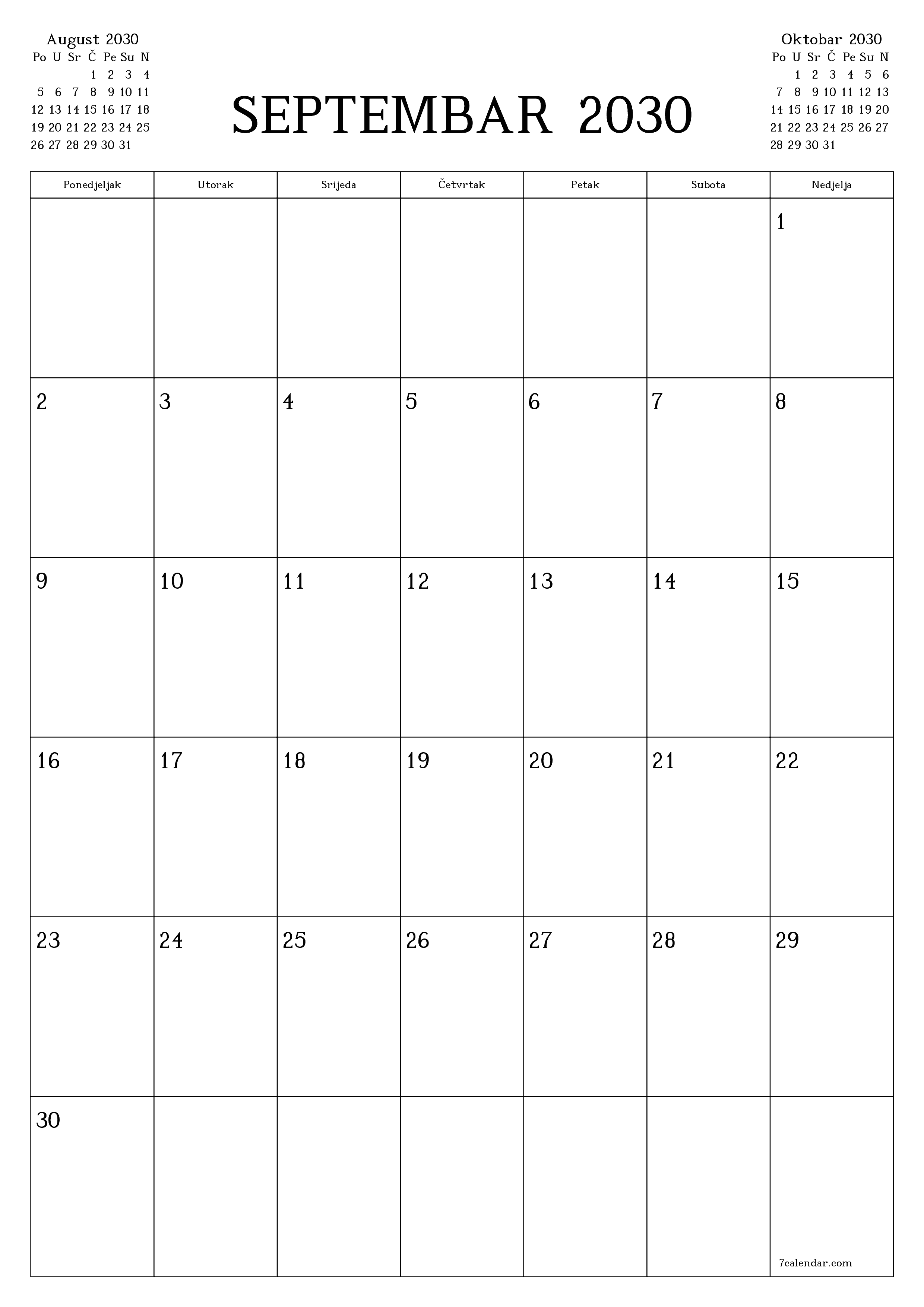  za štampanje zidni šablon a besplatni vertikalno Mjesečno planer kalendar Septembar (Sep) 2030