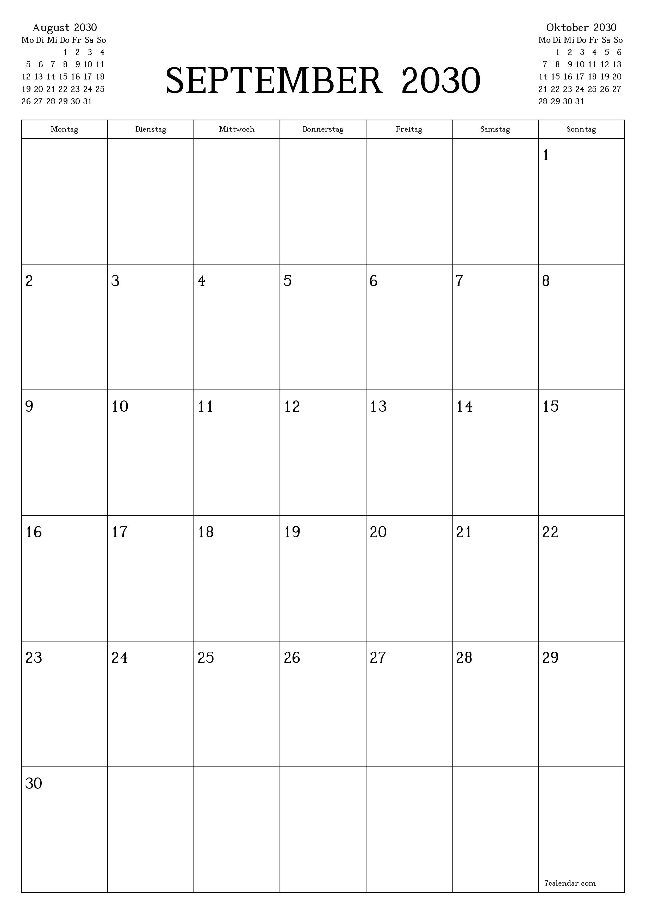  zum Ausdrucken Wandkalender vorlage kostenloser vertikal Monatlich Planer Kalender September (Sep) 2030