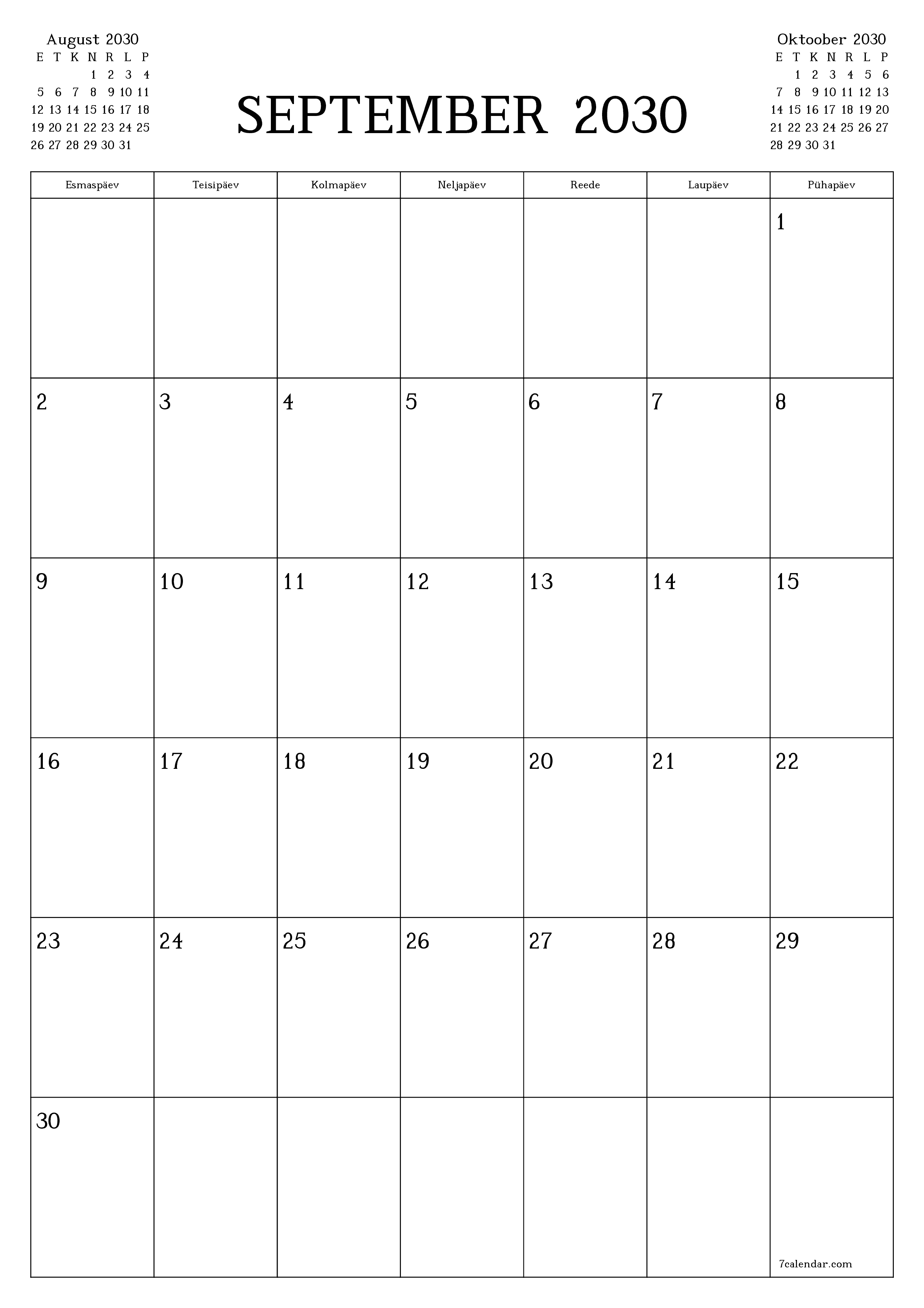prinditav seina kalendri mall tasuta vertikaalne Igakuine planeerija kalender September (Sept) 2030