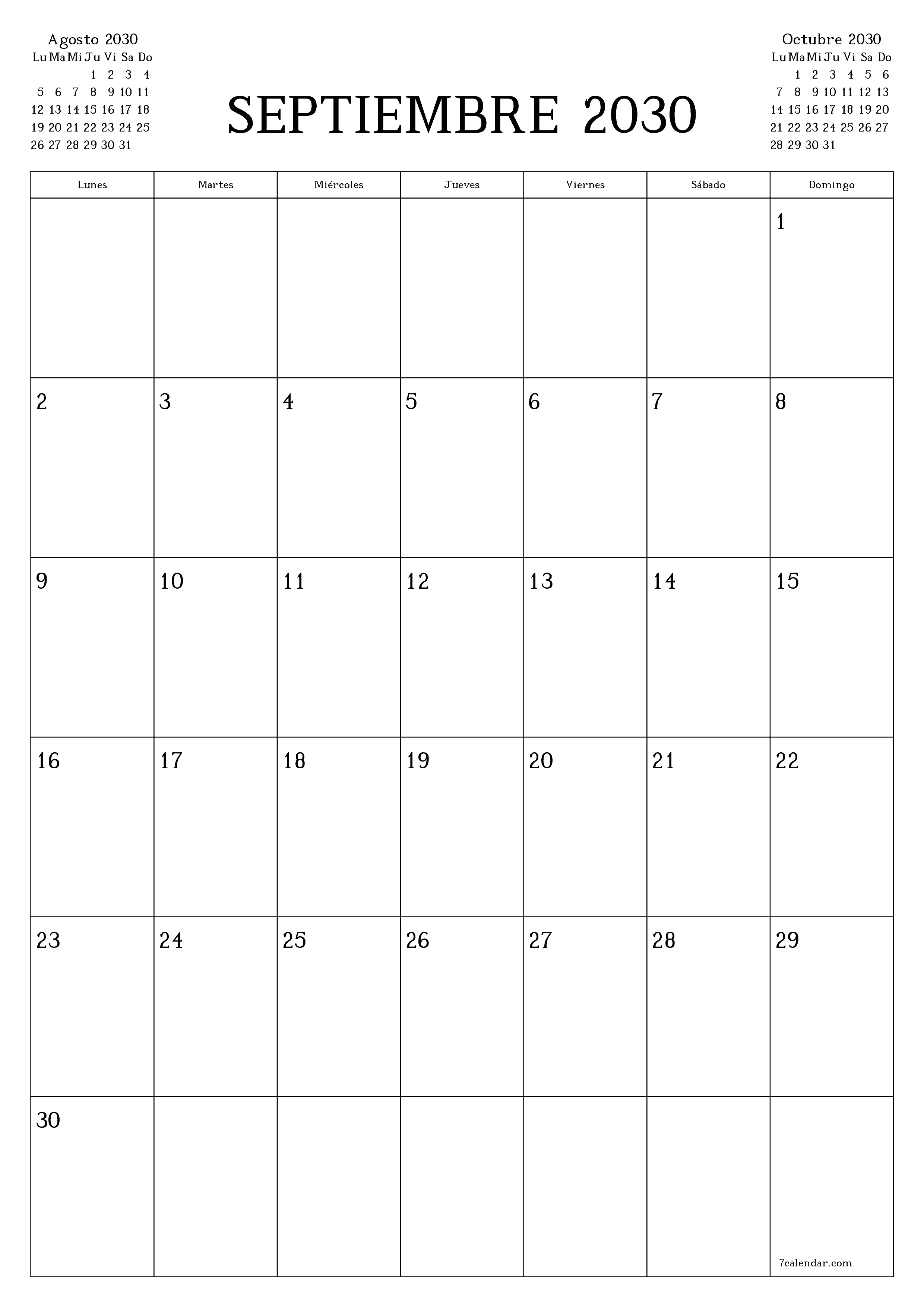  imprimible de pared plantilla de gratisvertical Mensual planificador calendario Septiembre (Sep) 2030
