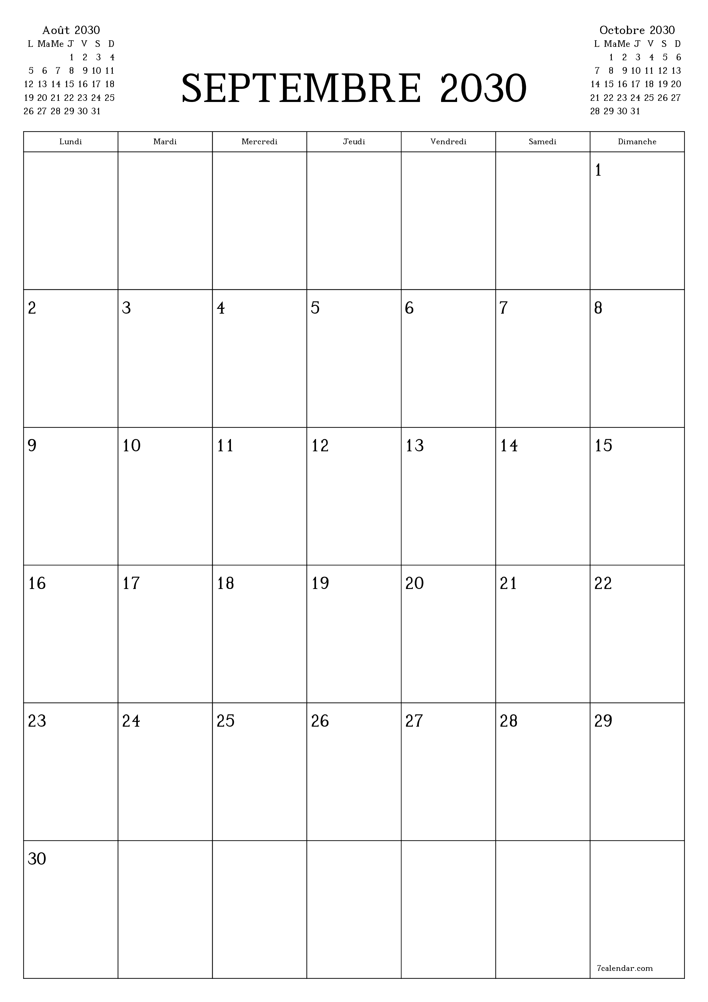  imprimable mural modèle de gratuitverticale Mensuel planificateur calendrier Septembre (Sep) 2030