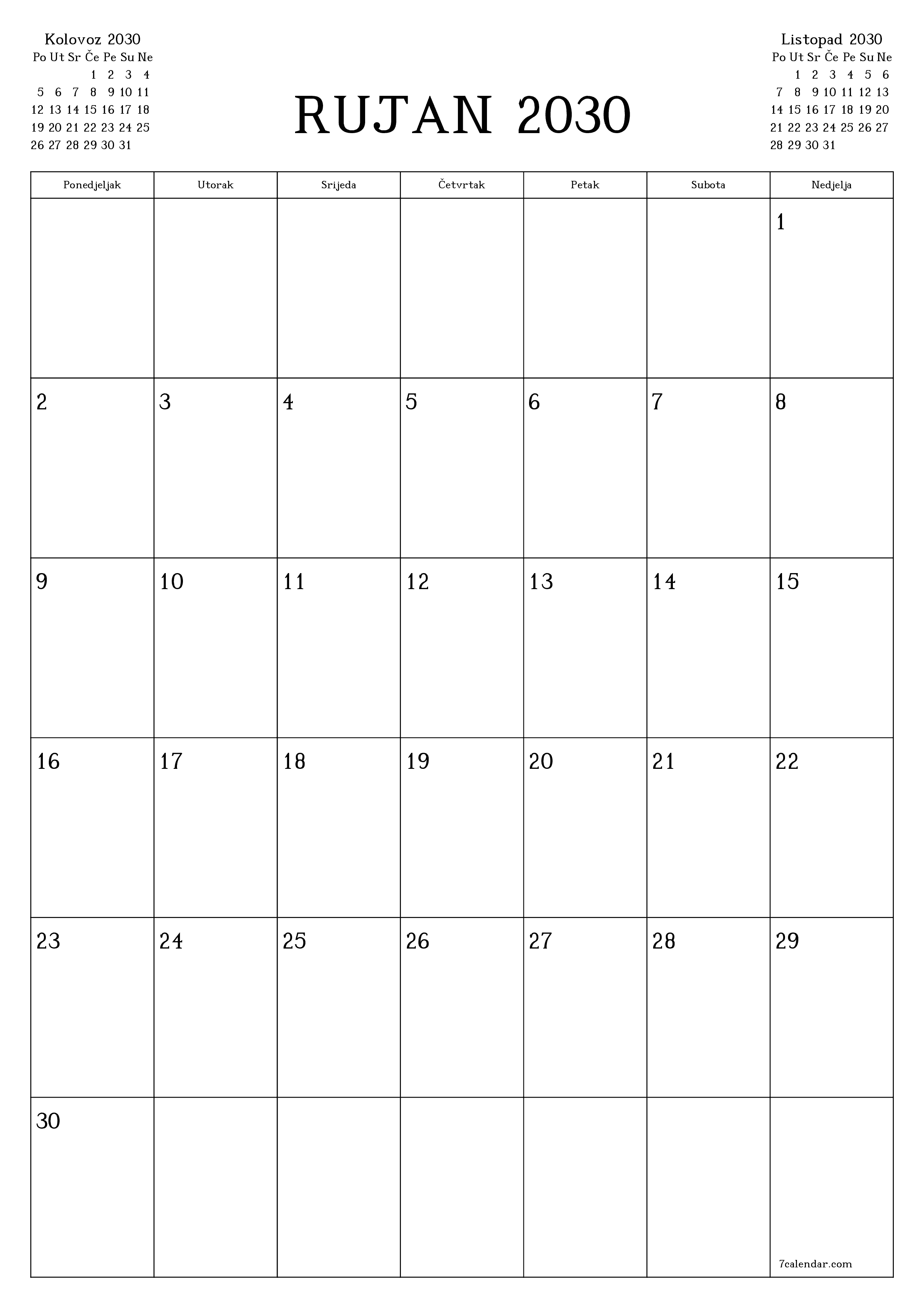  za ispis zidni predložak a besplatni okomito Mjesečni planer kalendar Rujan (Ruj) 2030