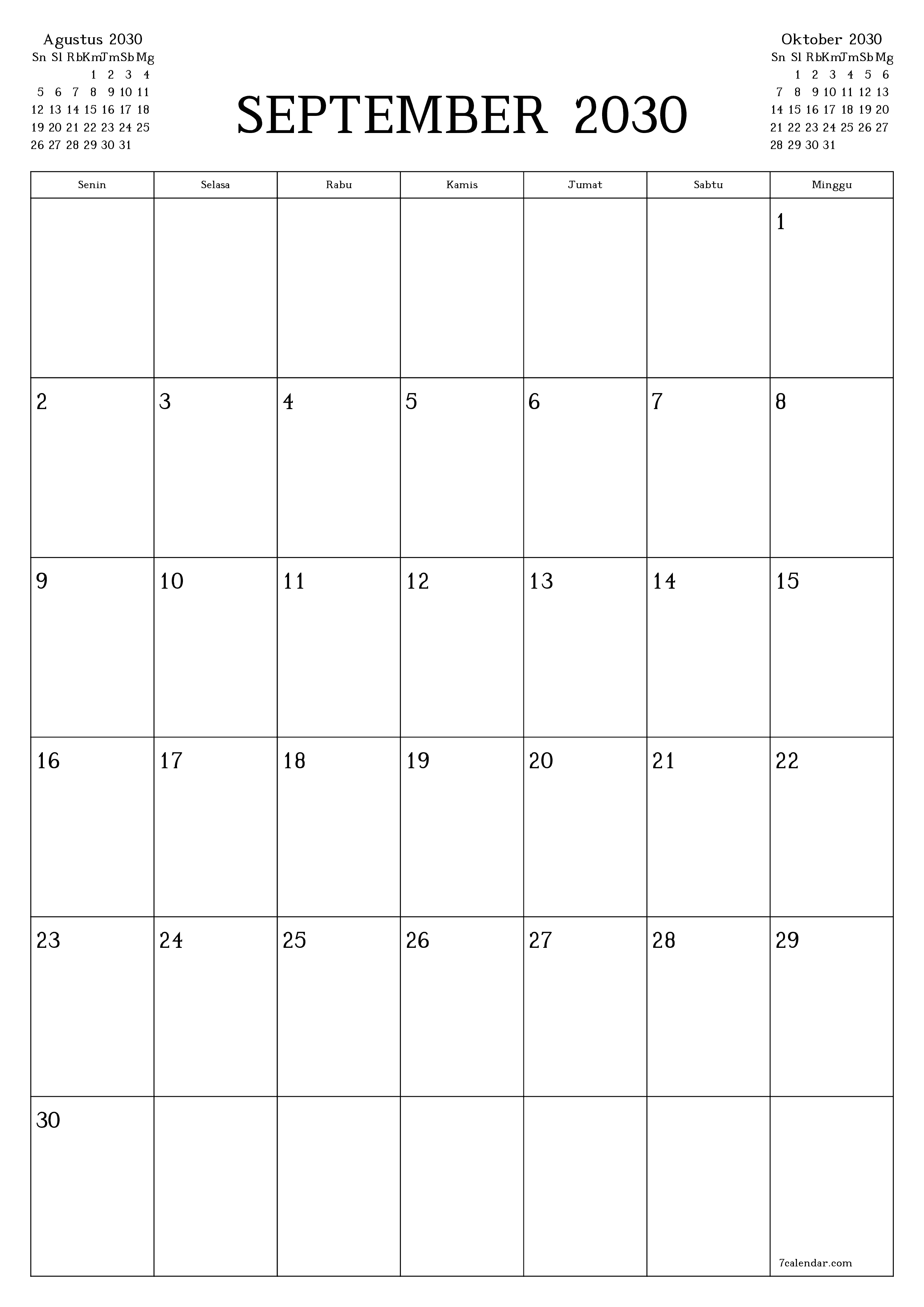  yang dapat dicetak dinding templat gratisvertikal Bulanan perencana kalender September (Sep) 2030