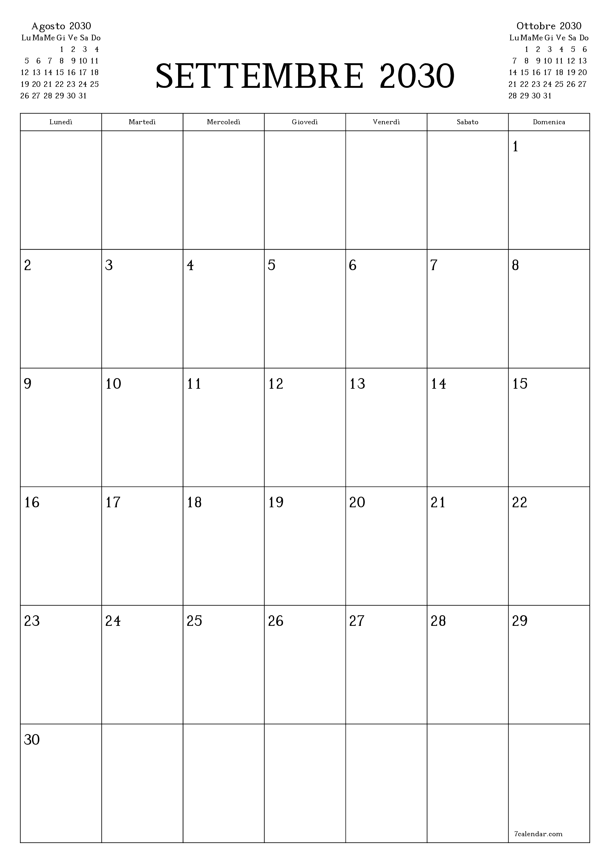  stampabile da parete modello di gratuitoverticale Mensile pianificatore calendario Settembre (Set) 2030