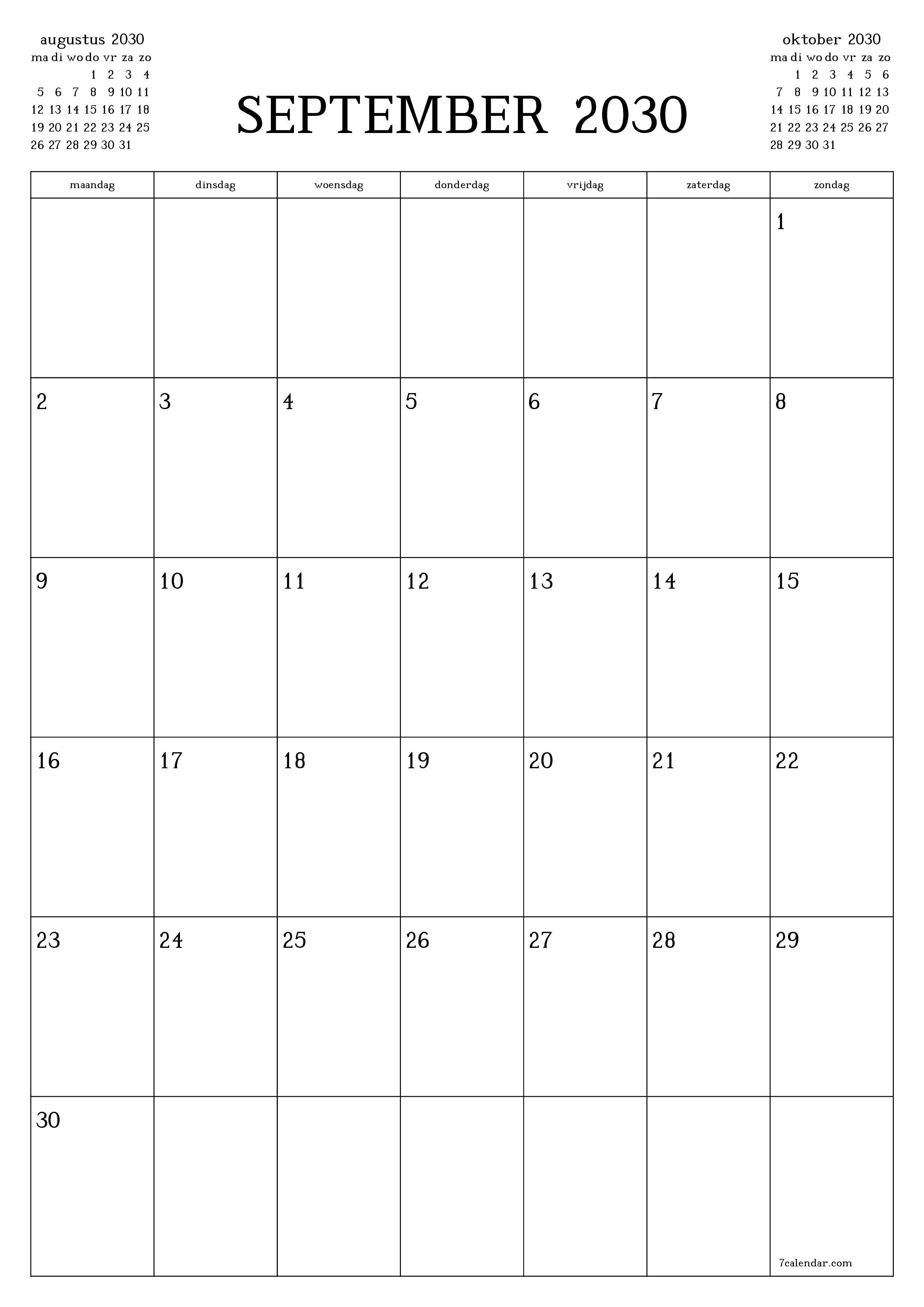 afdrukbare muur sjabloon gratis verticaal Maandelijks planner kalender september (sep) 2030