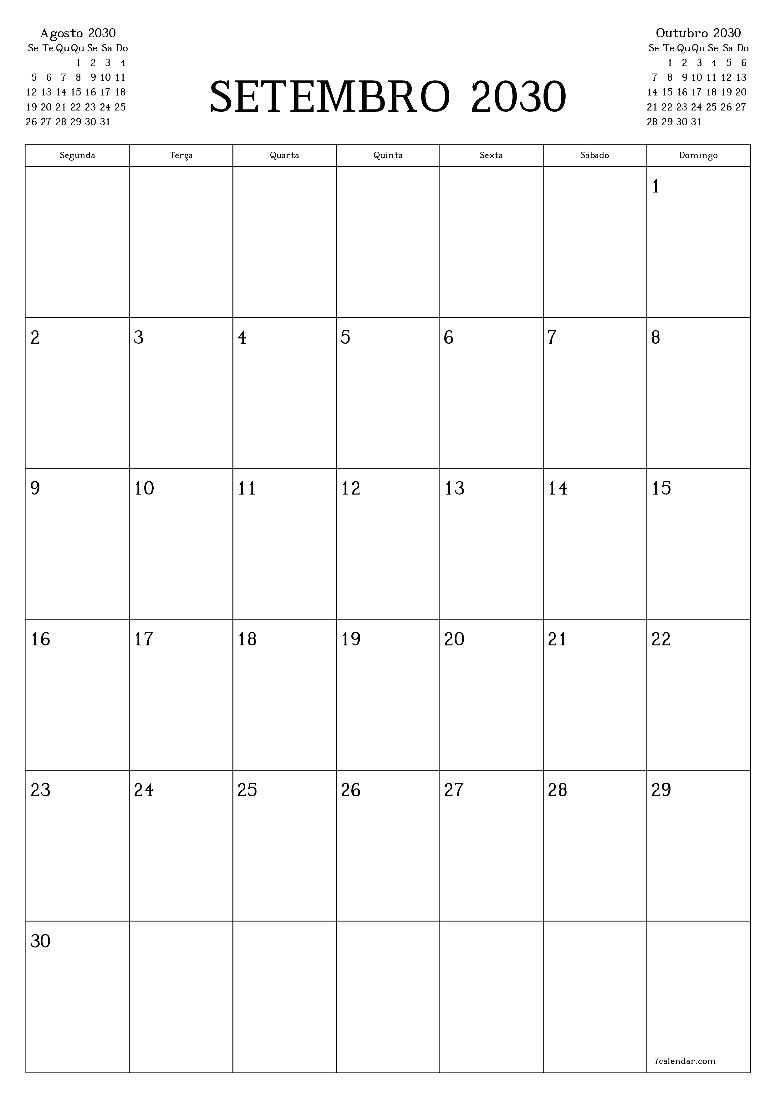  para impressão de parede modelo de grátisvertical Mensal planejador calendário Setembro (Set) 2030