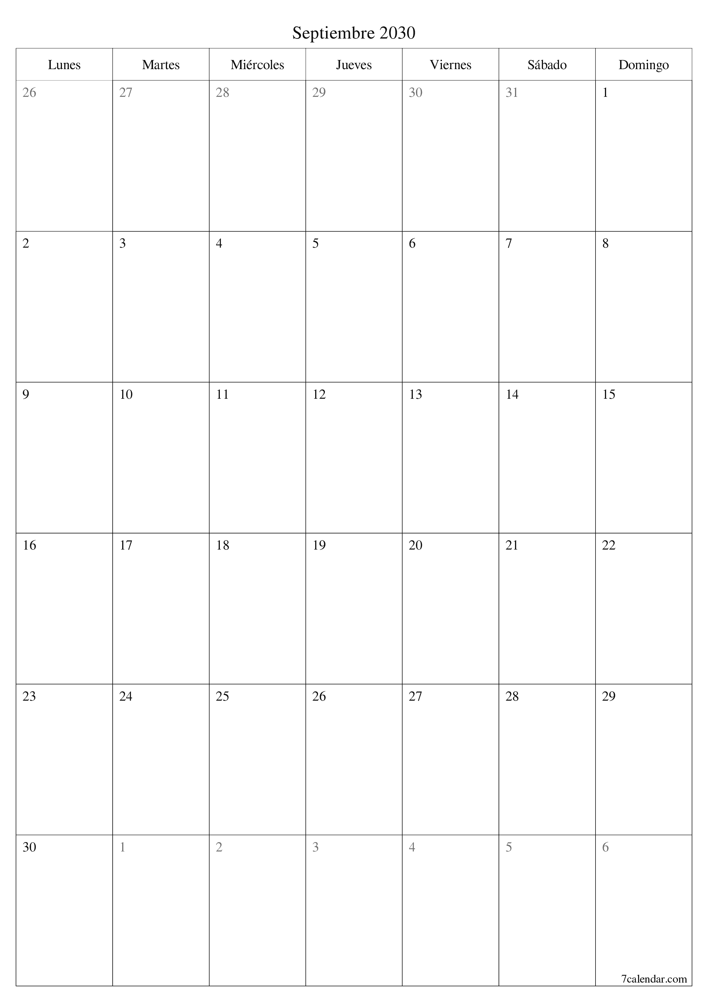  imprimible de pared plantilla de gratisvertical Mensual planificador calendario Septiembre (Sep) 2030