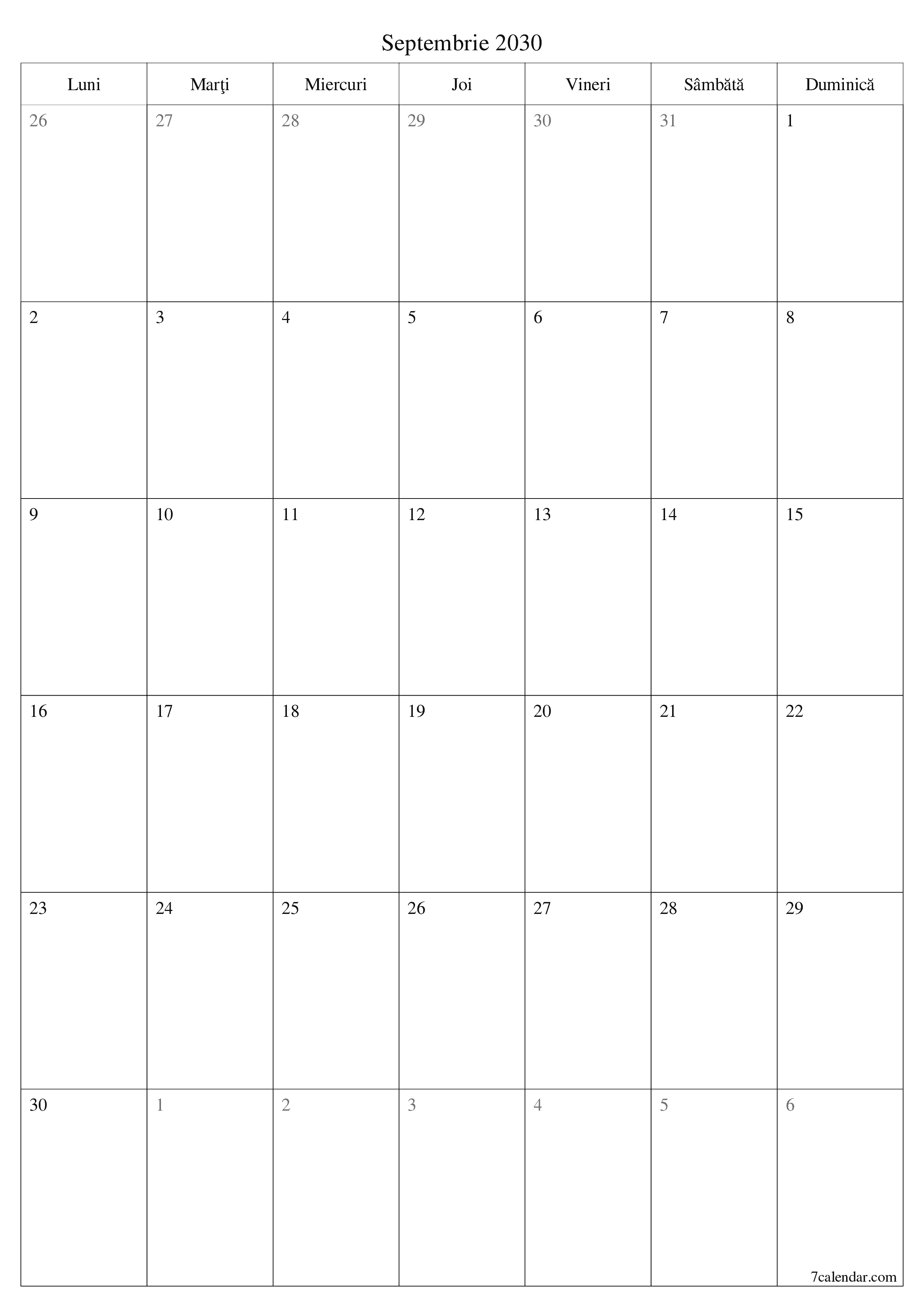  imprimabil de perete șablon de gratuitvertical Lunar planificator calendar Septembrie (Sep) 2030