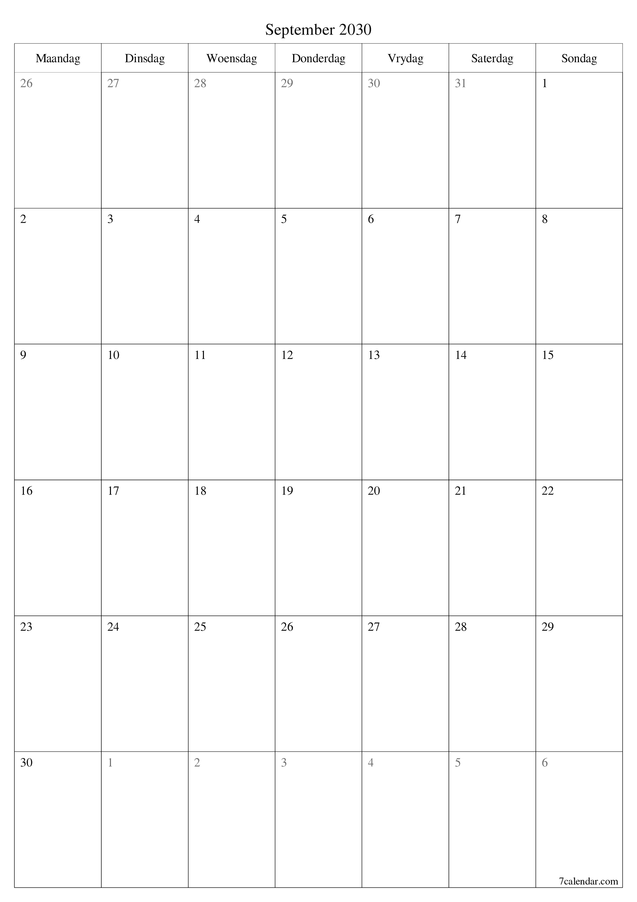 drukbare muur template gratis vertikaal Maandeliks beplanner kalender September (Sep) 2030