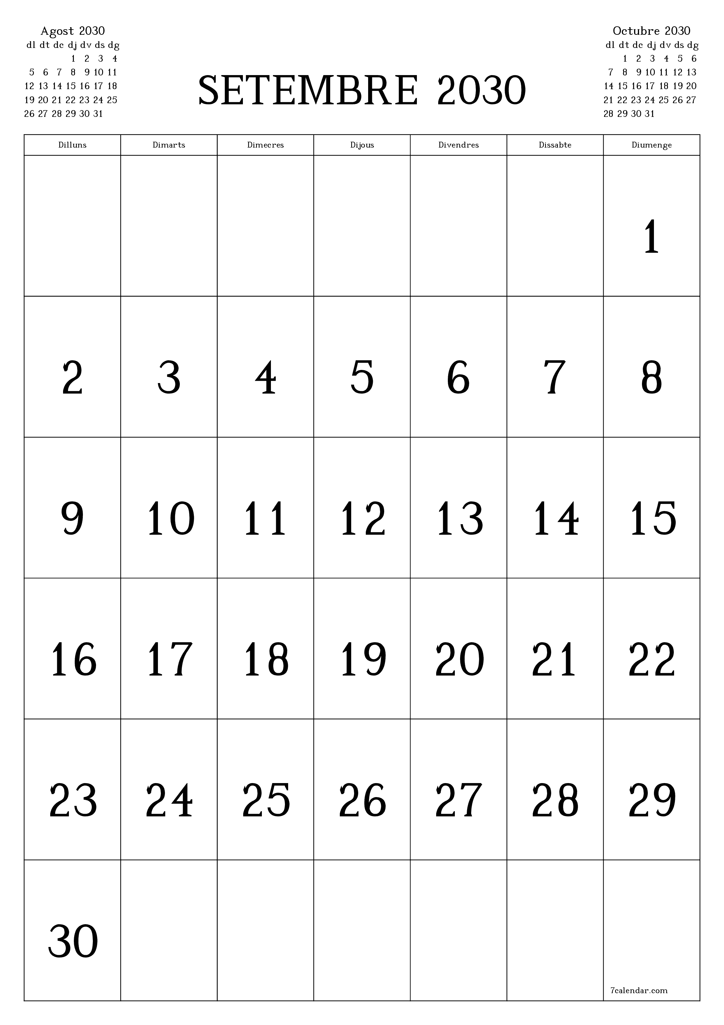  imprimible de paret plantilla de gratuïtvertical Mensual calendari Setembre (Set) 2030