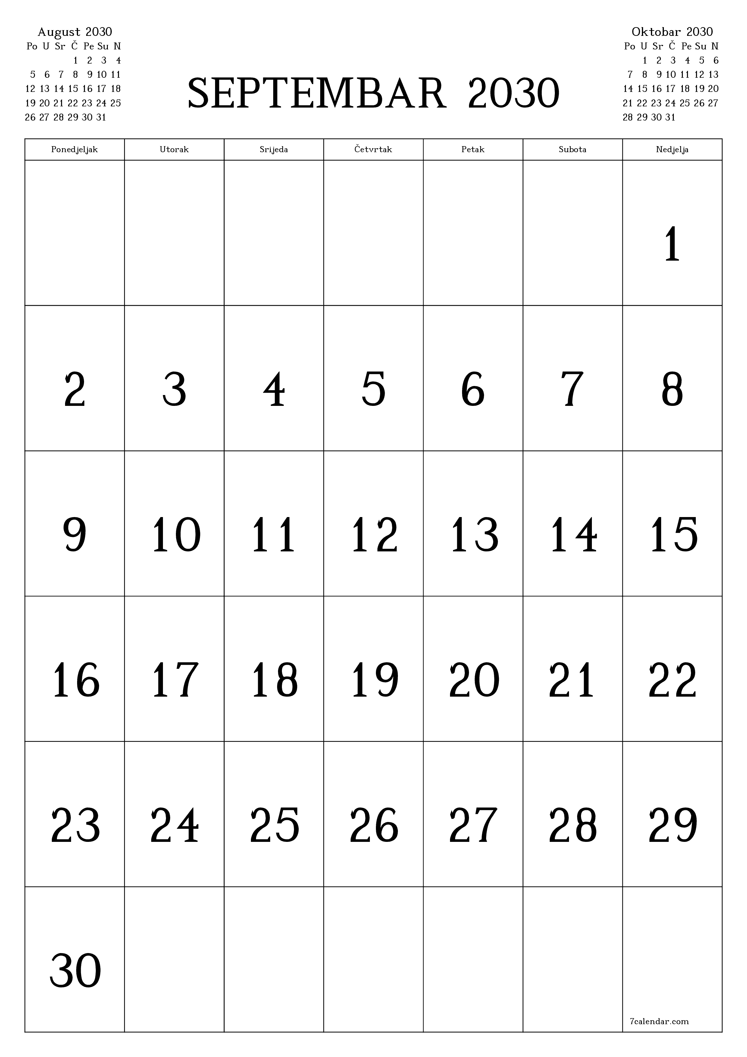  za štampanje zidni šablon a besplatni vertikalno Mjesečno kalendar Septembar (Sep) 2030