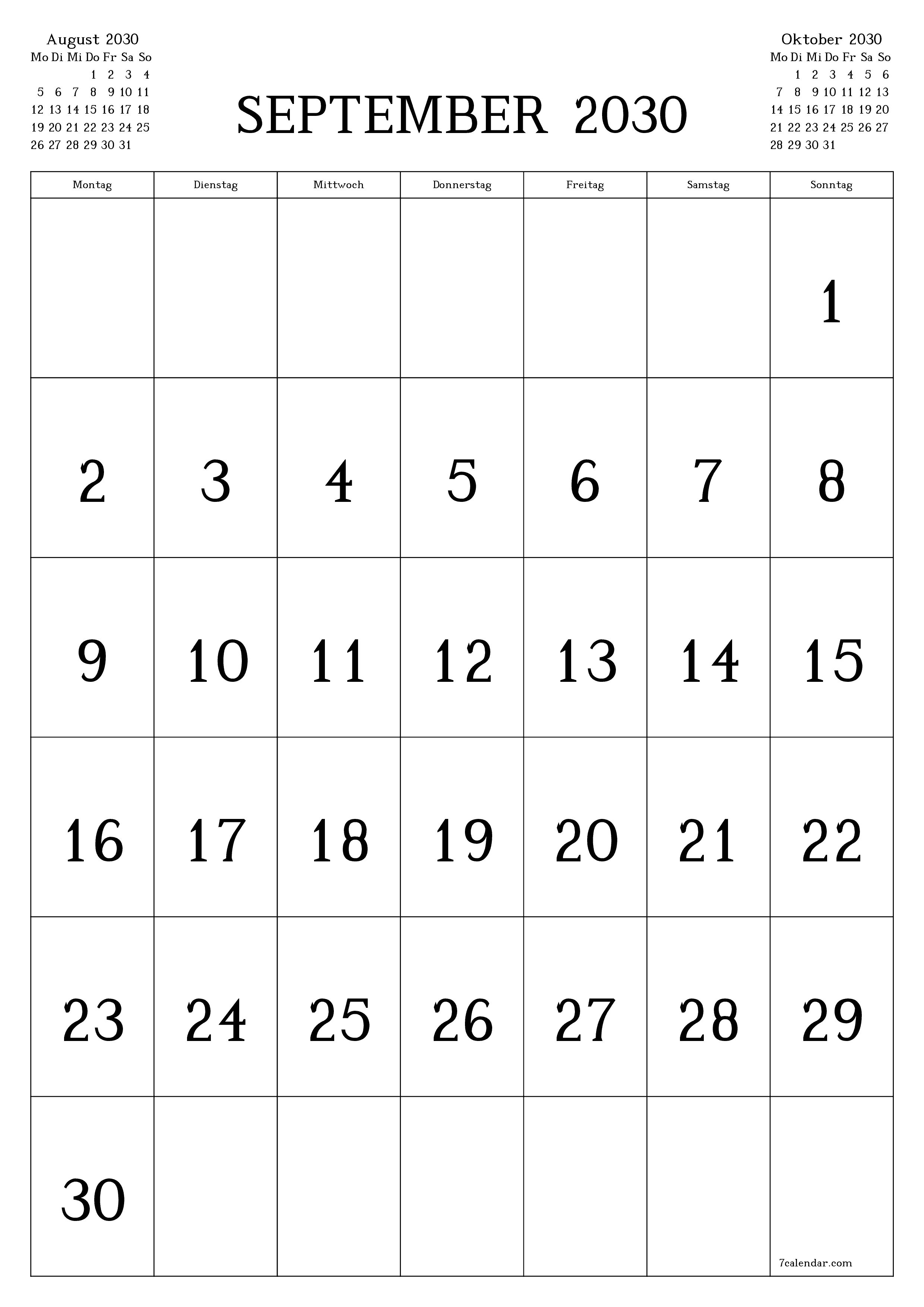  zum Ausdrucken Wandkalender vorlage kostenloser vertikal Monatlich Kalender September (Sep) 2030