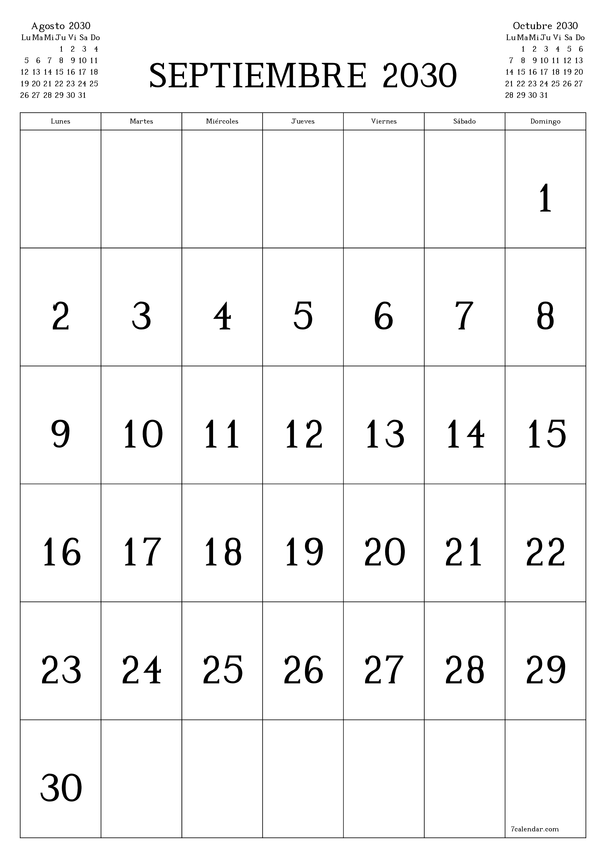  imprimible de pared plantilla de gratisvertical Mensual calendario Septiembre (Sep) 2030