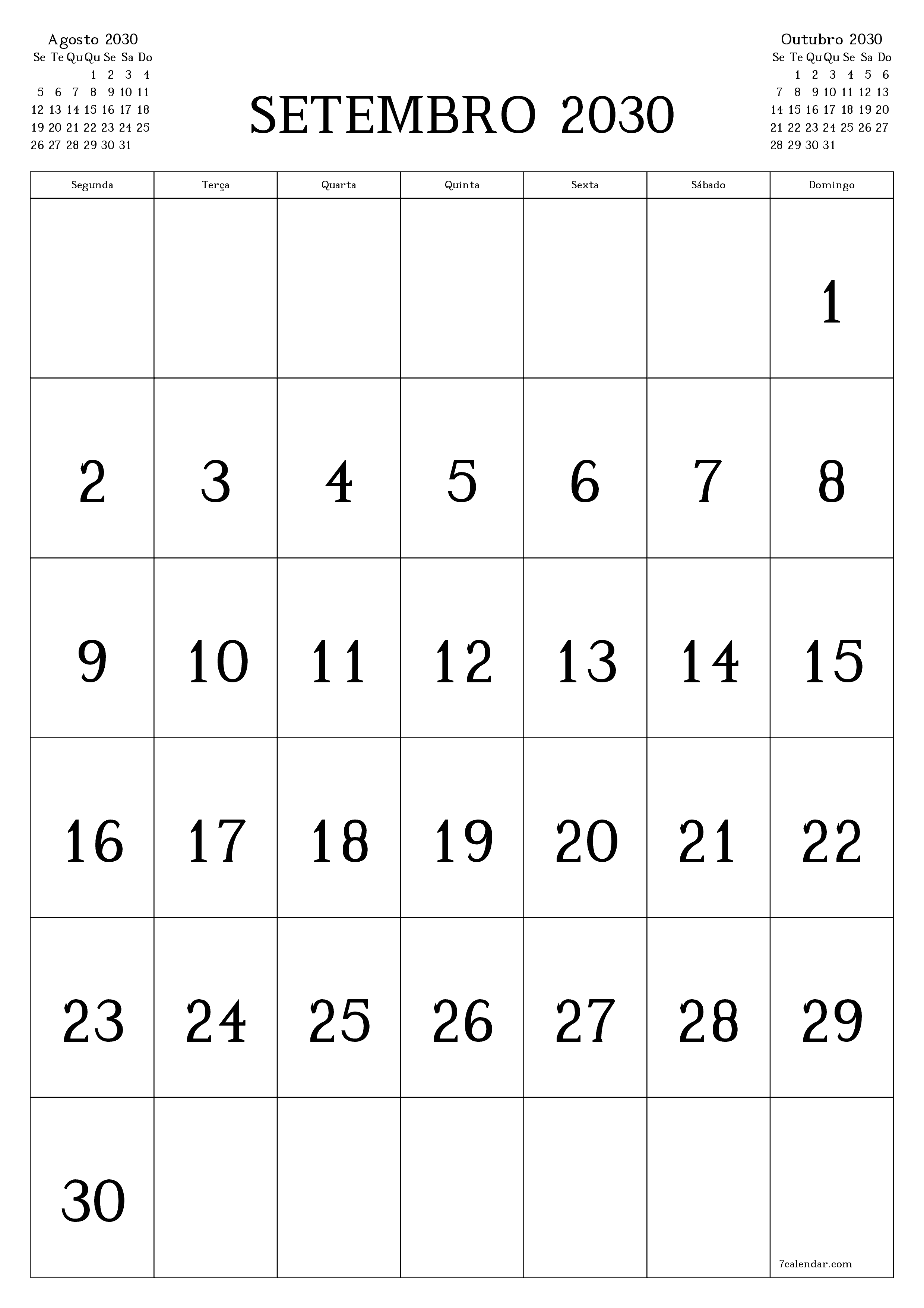  para impressão de parede modelo de grátisvertical Mensal calendário Setembro (Set) 2030