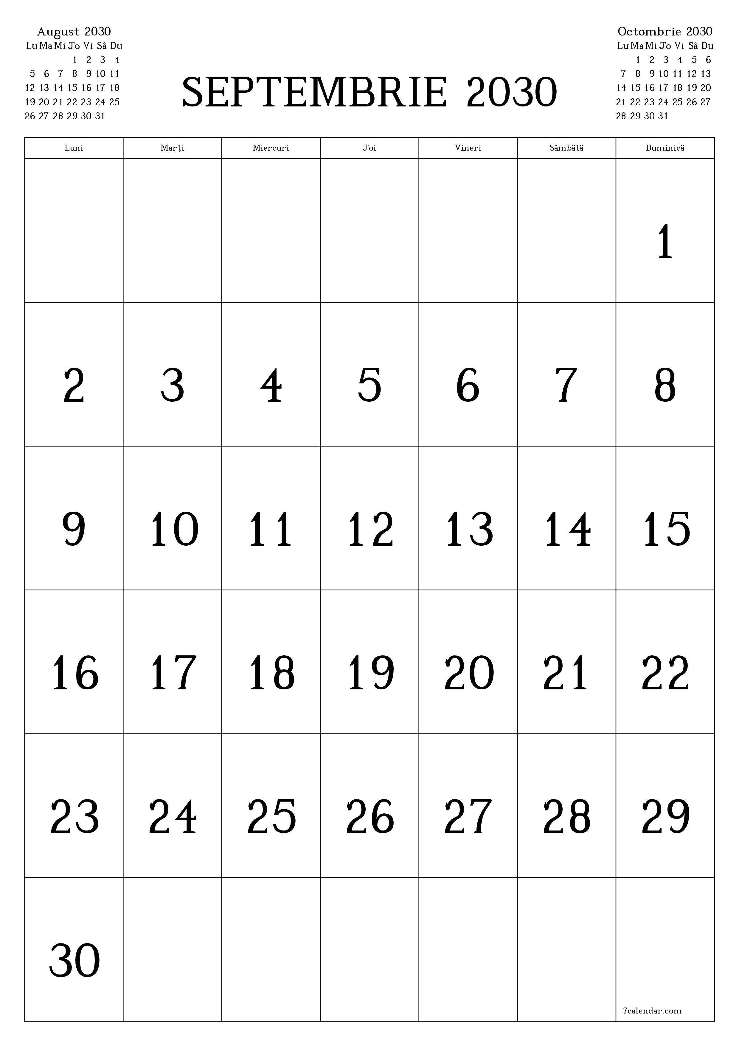  imprimabil de perete șablon de gratuitvertical Lunar calendar Septembrie (Sep) 2030