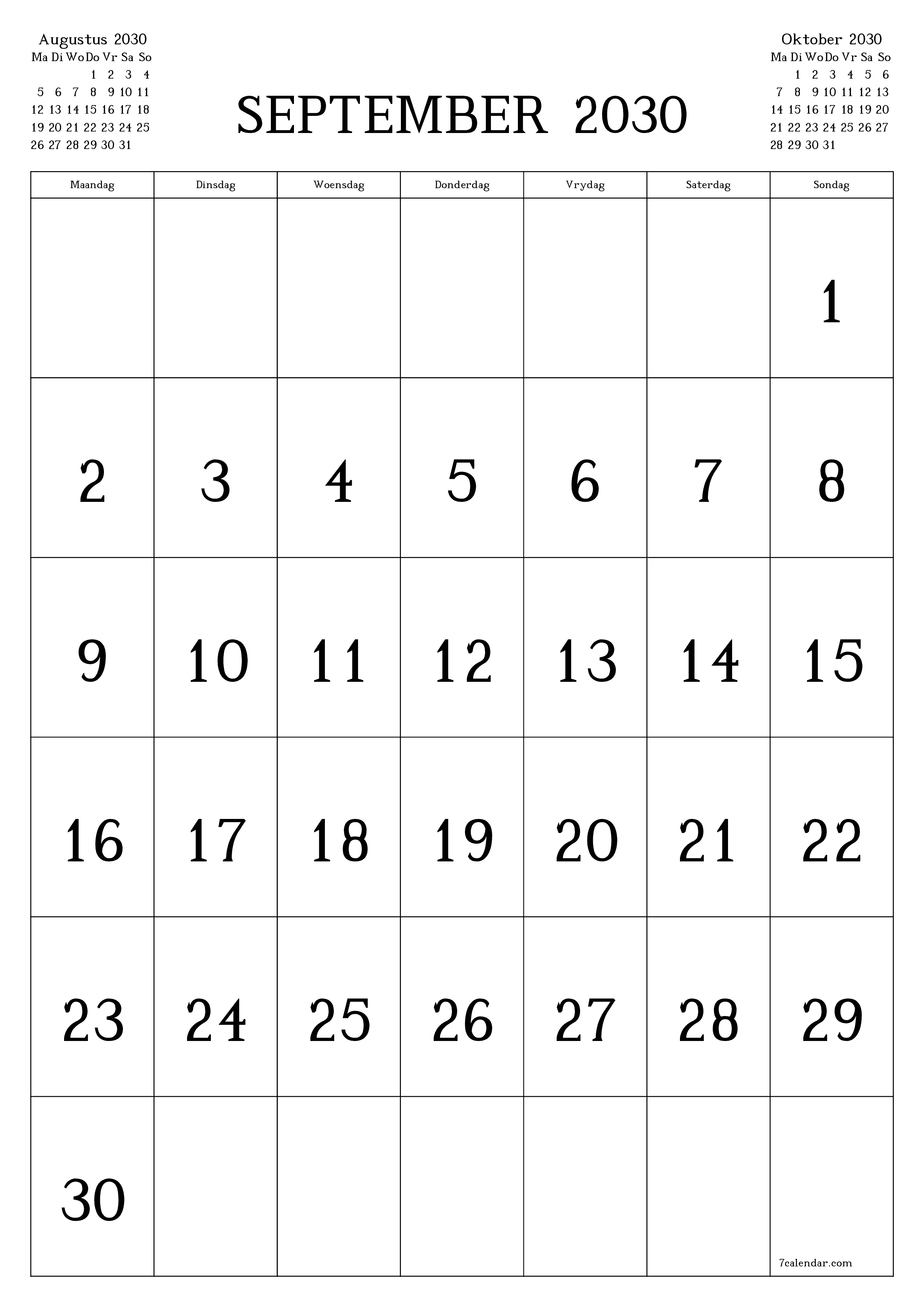 drukbare muur template gratis vertikaal Maandeliks kalender September (Sep) 2030