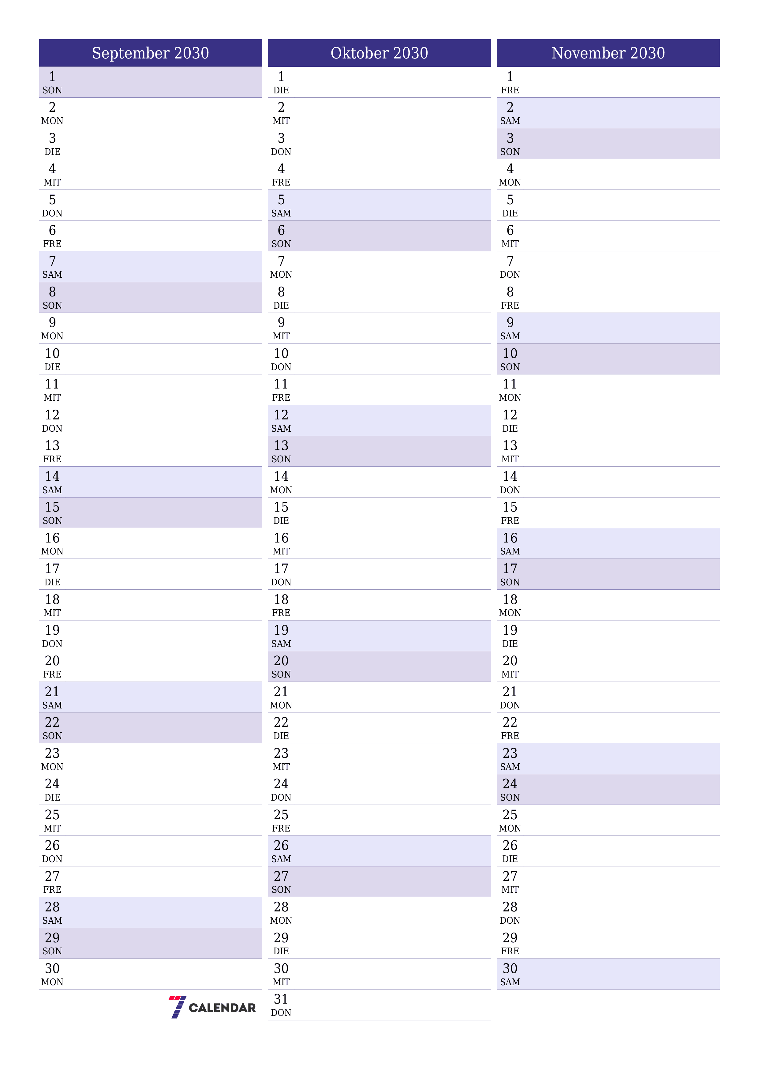  zum Ausdrucken Wandkalender vorlage kostenloser vertikal Monatlich Planer Kalender September (Sep) 2030