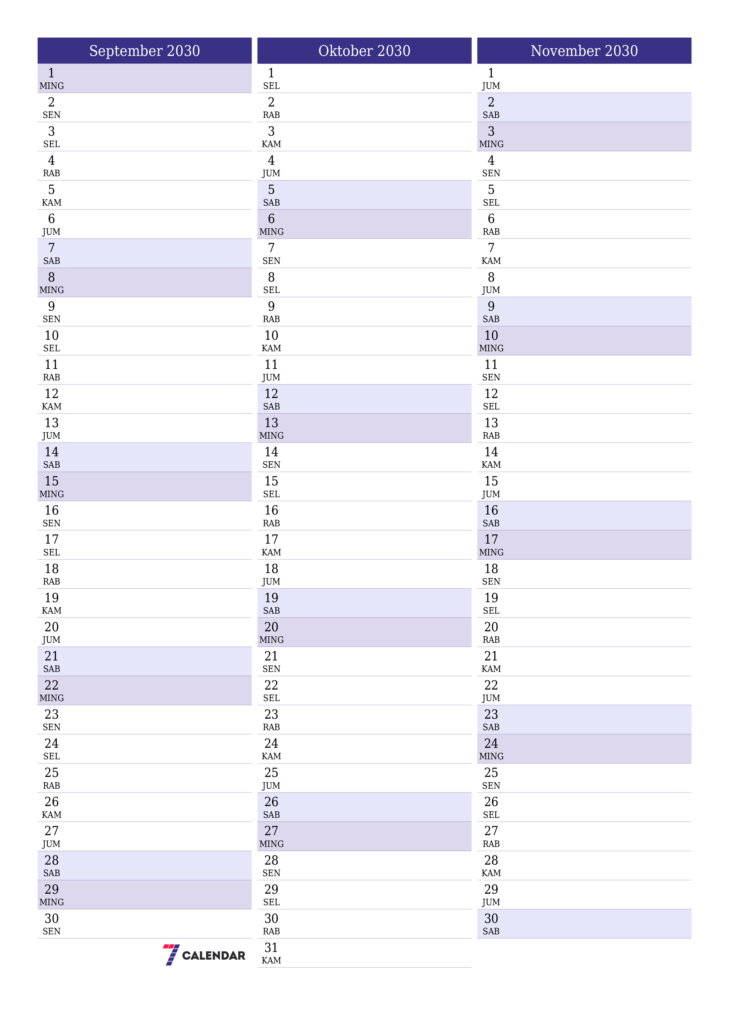  yang dapat dicetak dinding templat gratisvertikal Bulanan perencana kalender September (Sep) 2030