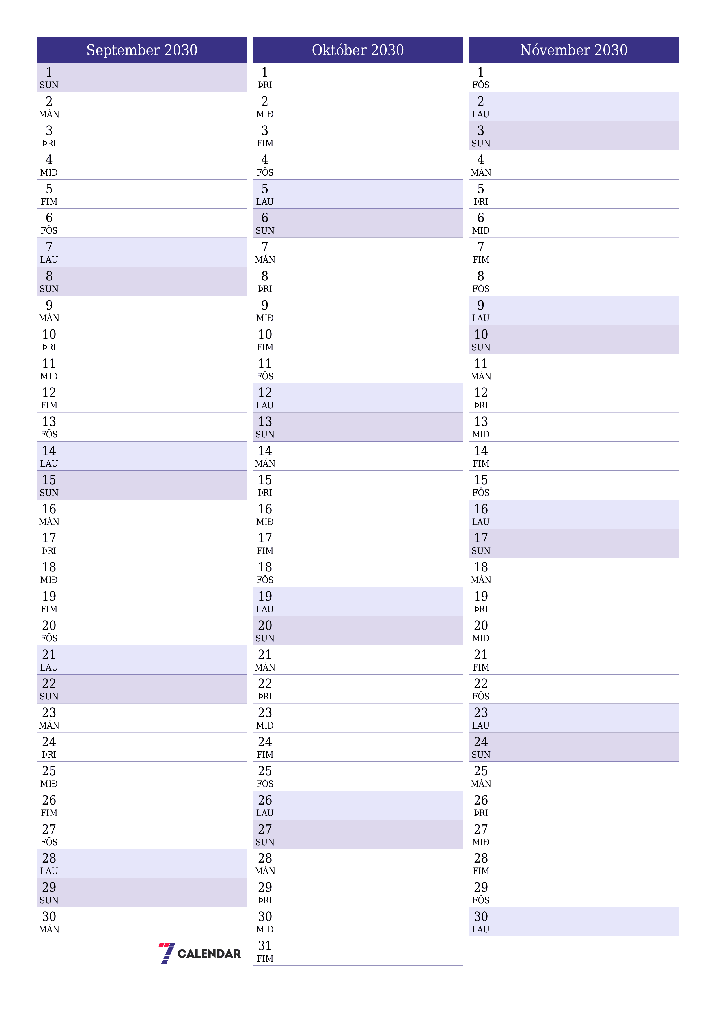 prentanlegt vegg sniðmát fyrir ókeypis lóðrétt Mánaðarlegt skipuleggjandi dagatal September (Sep) 2030