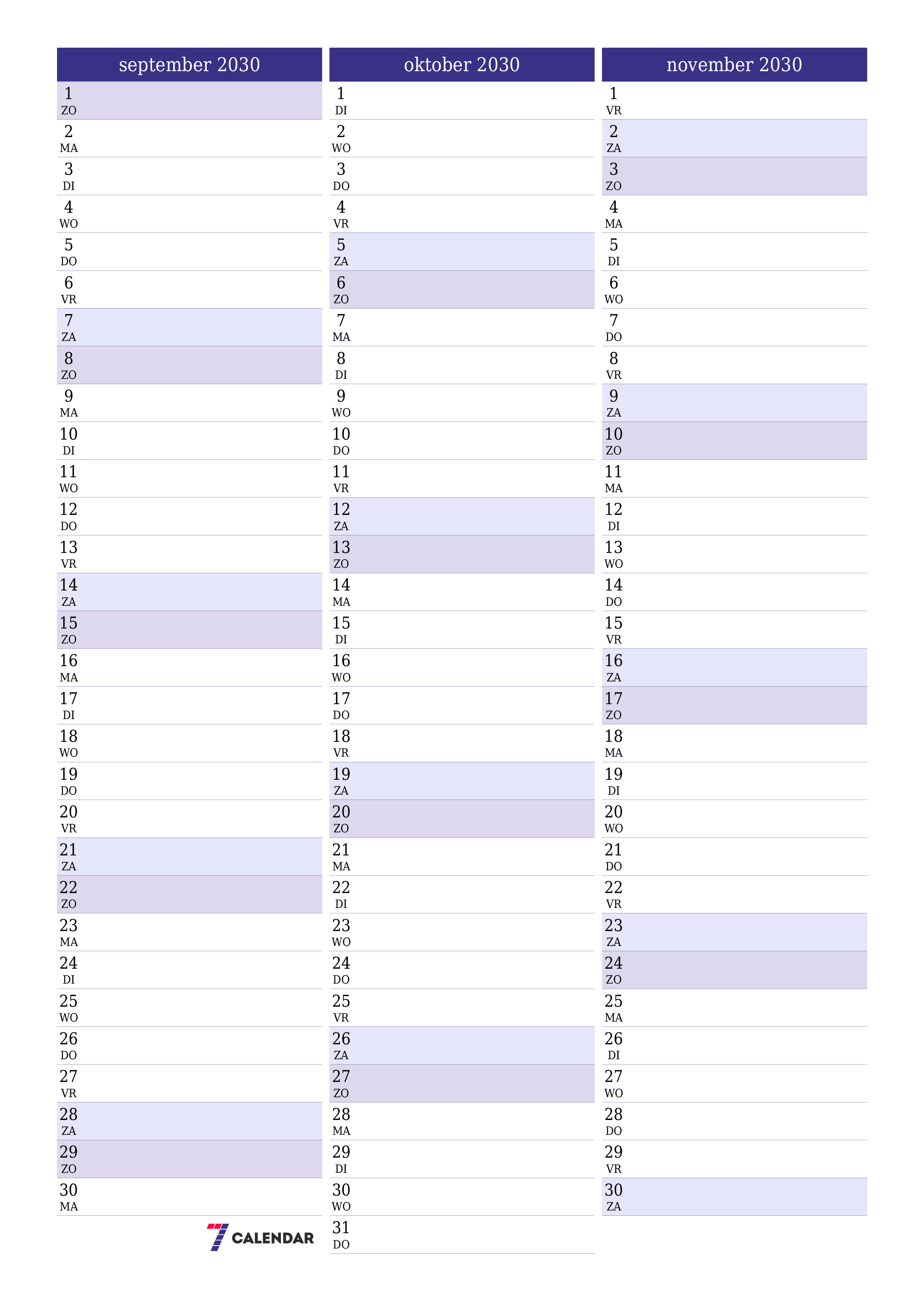 afdrukbare muur sjabloon gratis verticaal Maandelijks planner kalender september (sep) 2030