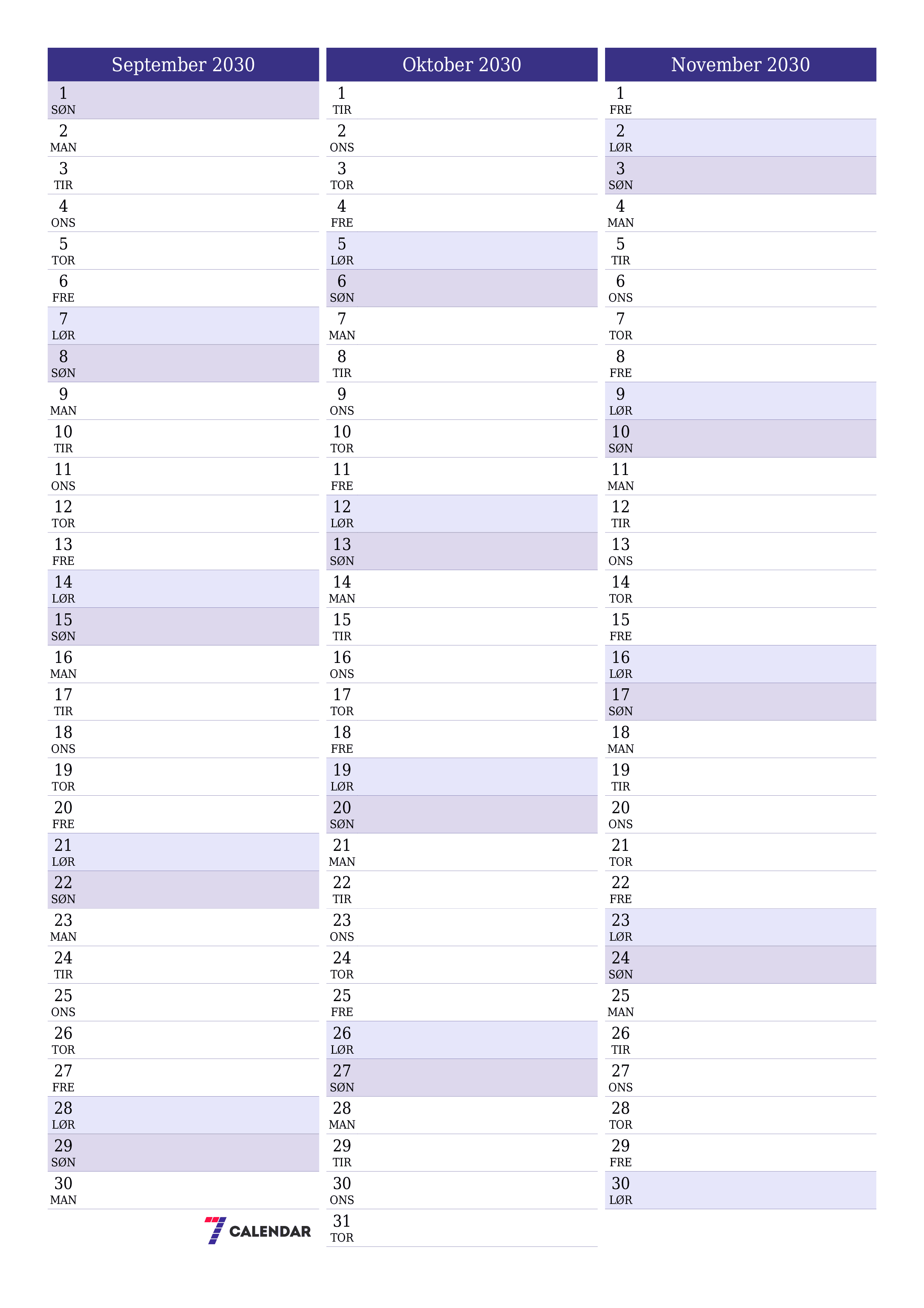 utskrivbar vegg mal gratis vertikal Månedlig planlegger kalender September (Sep) 2030