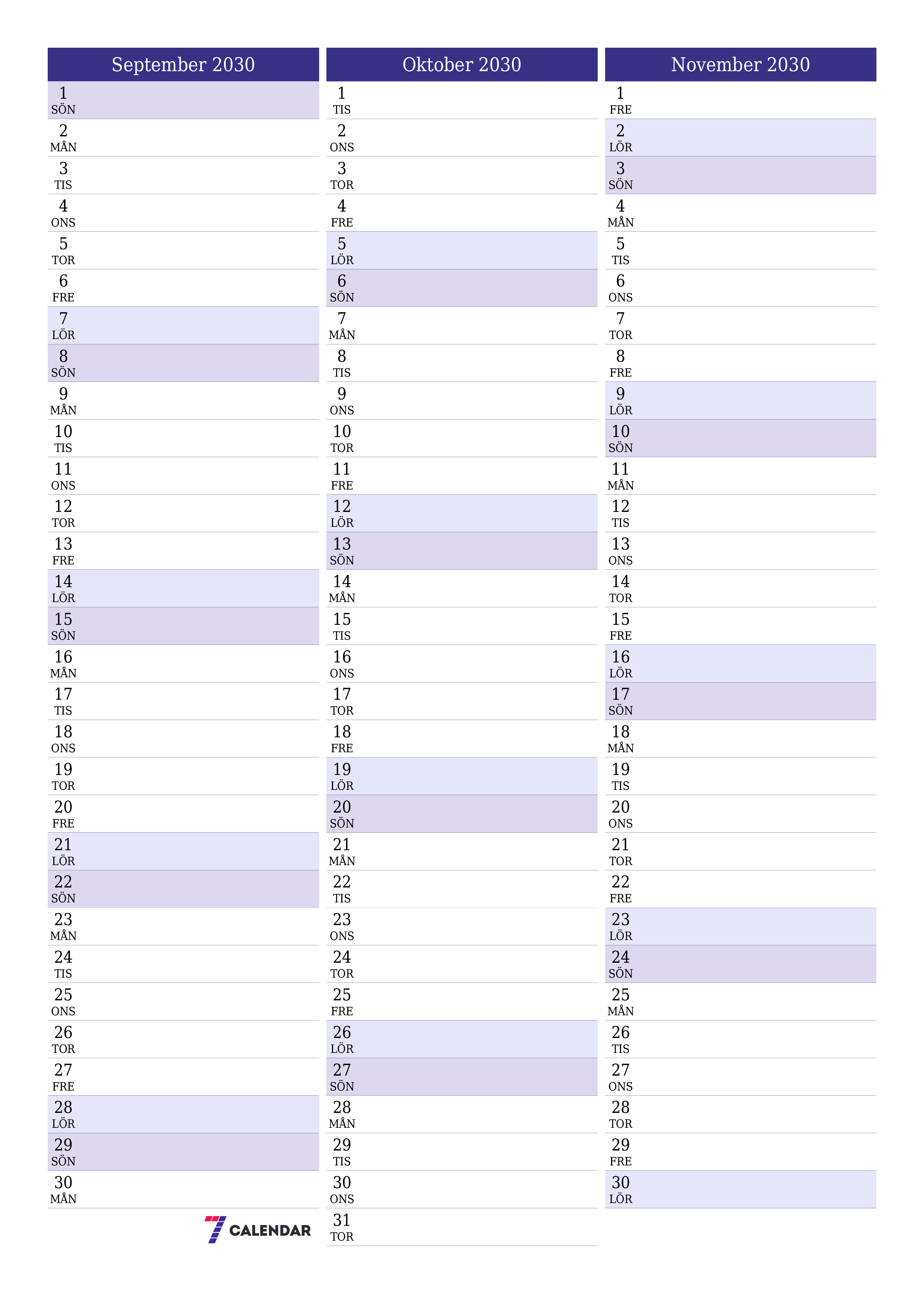 Tom månadsplanerare för månad September 2030 med anteckningar, spara och skriv ut till PDF PNG Swedish