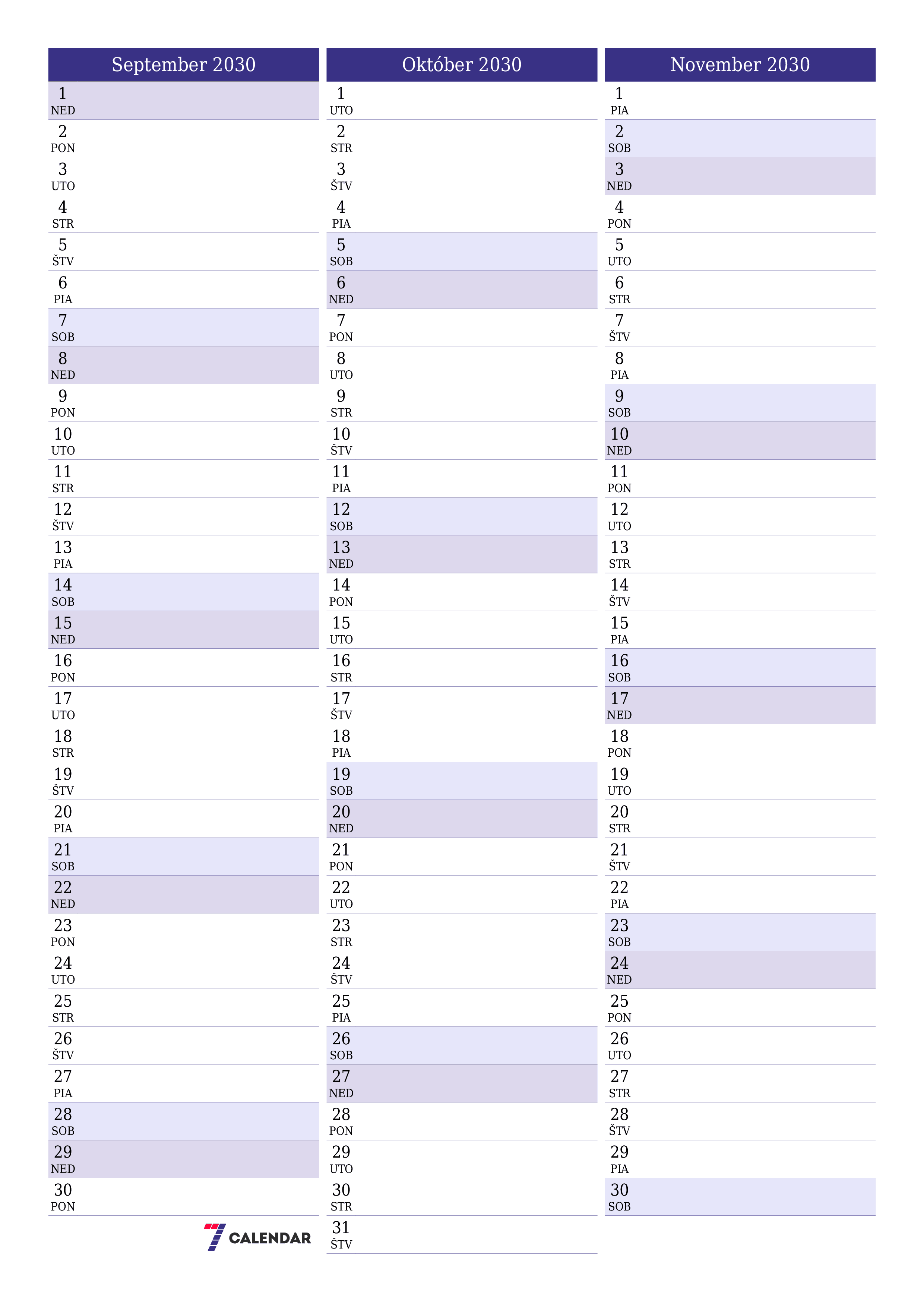 vytlačiteľný nástenný šablóna a bezplatný вертикальный Mesačne plánovač kalendár September (Sep) 2030