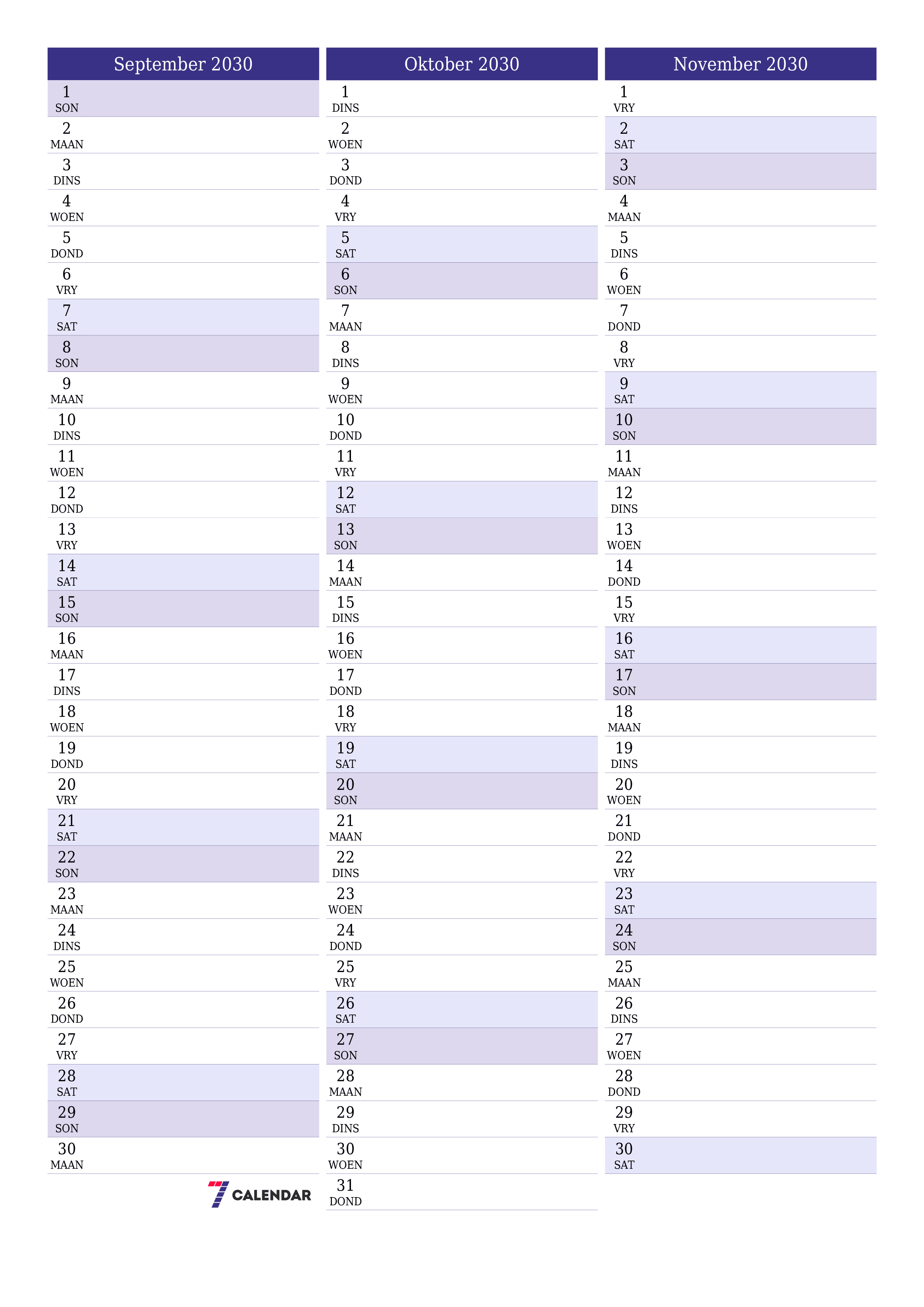 drukbare muur template gratis vertikaal Maandeliks beplanner kalender September (Sep) 2030