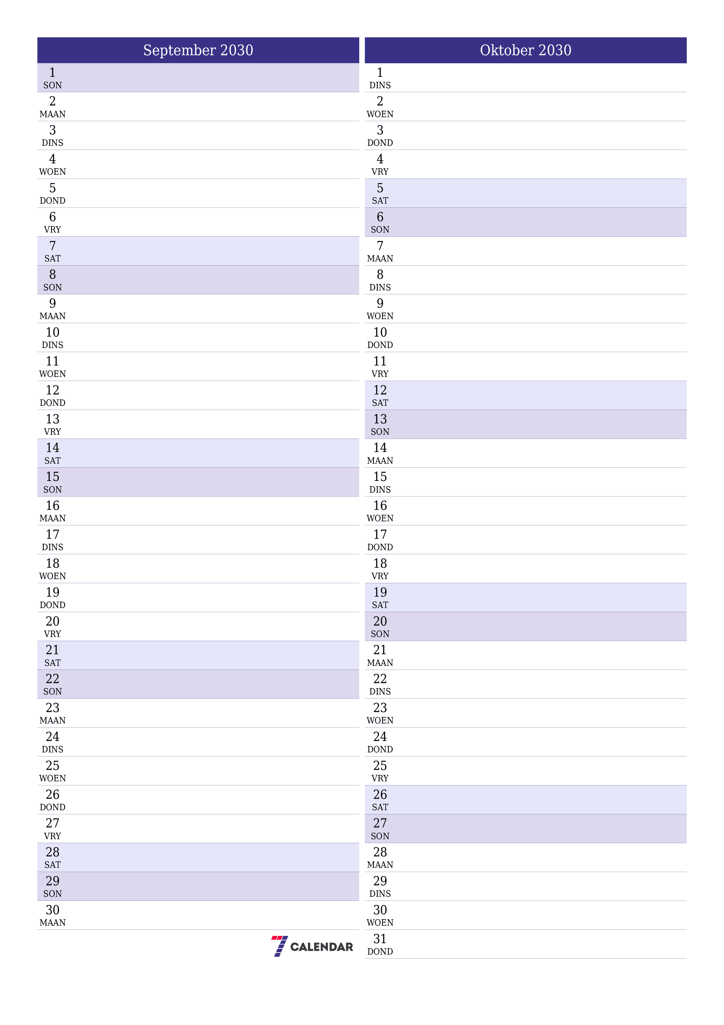 drukbare muur template gratis vertikaal Maandeliks beplanner kalender September (Sep) 2030