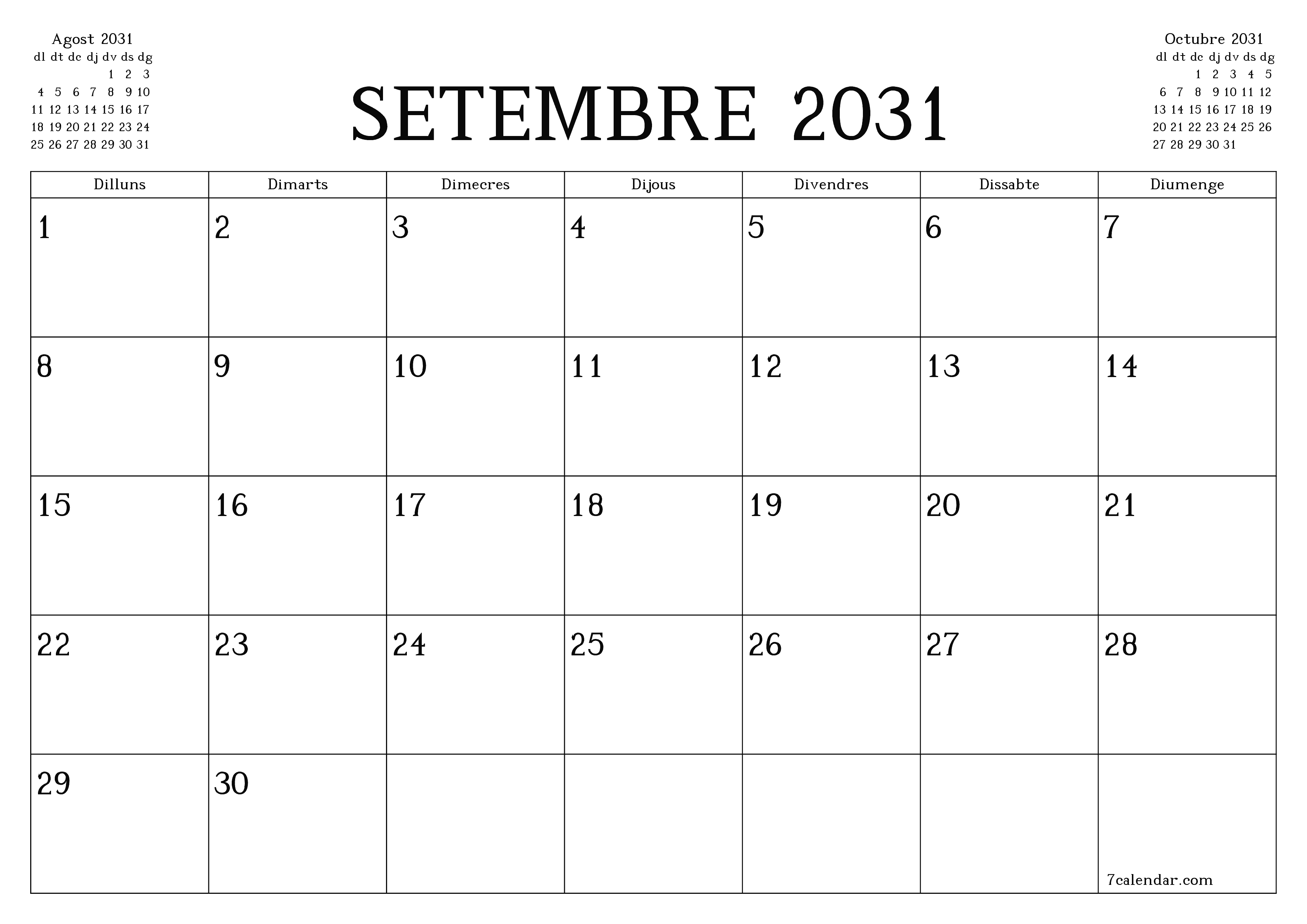 Planificador mensual buit del mes Setembre 2031 amb notes, deseu-lo i imprimiu-lo en format PDF PNG Catalan