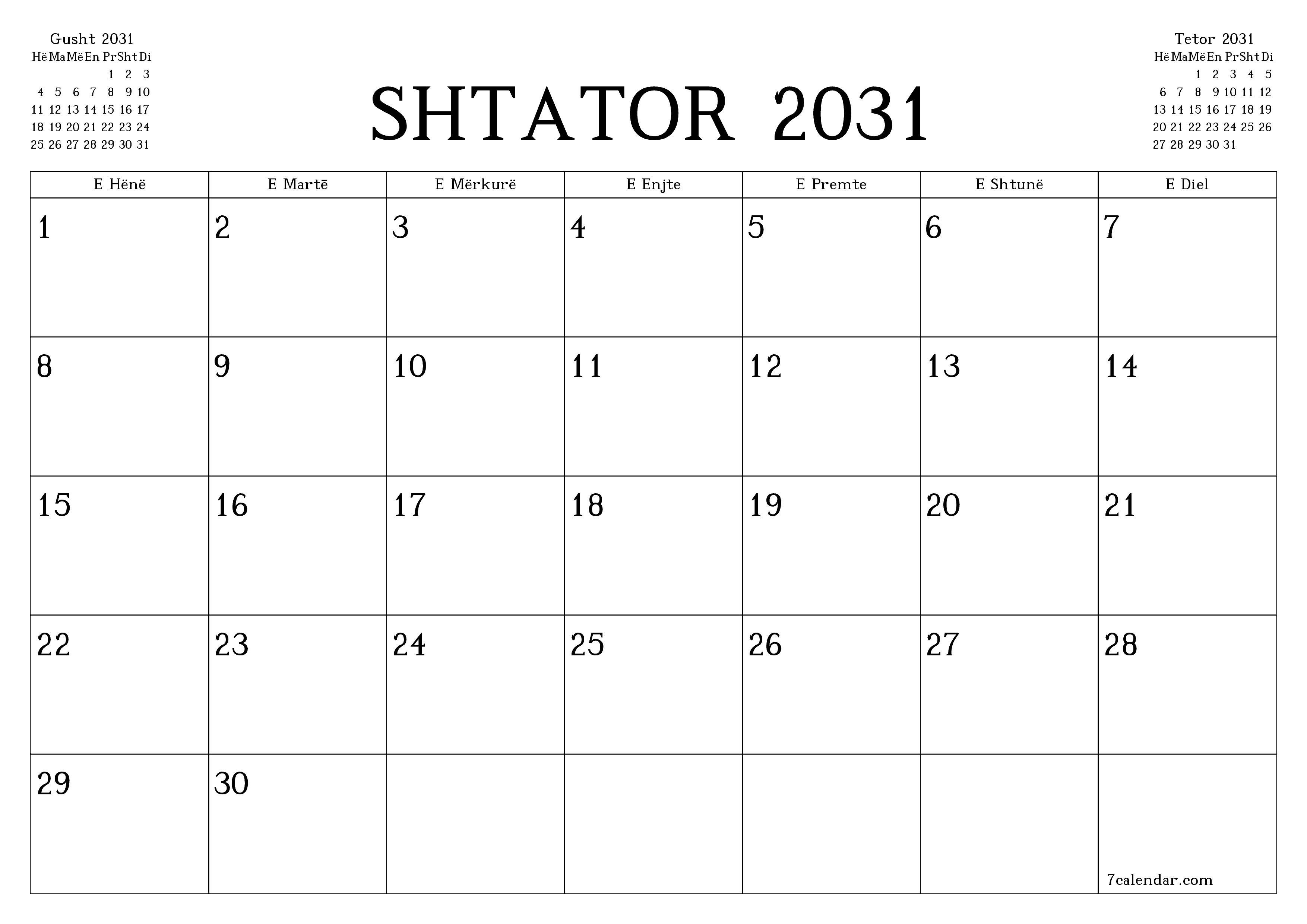 Planifikuesi i zbrazët i kalendarit mujor për muajin Shtator 2031 me shënime të ruajtura dhe të printuara në PDF PNG Albanian