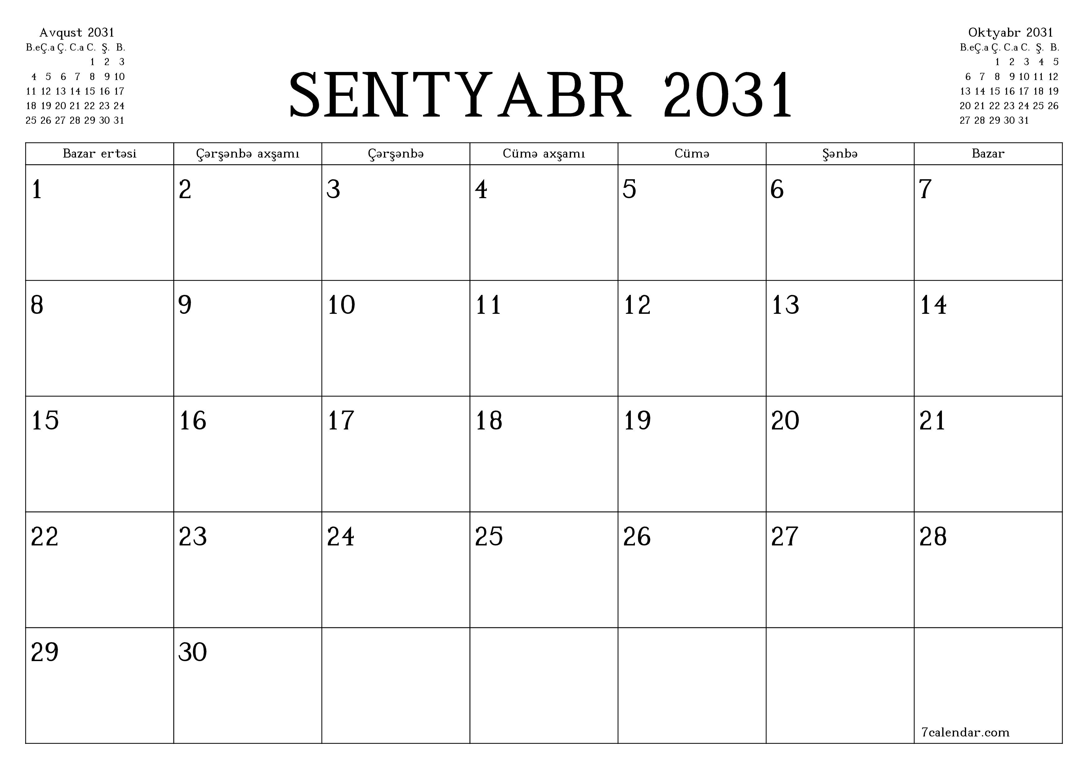 Sentyabr 2031 ayı üçün qeydlər ilə boş aylıq planlayıcı, qeyd edin və PDF-ə yazdırın PNG Azerbaijani
