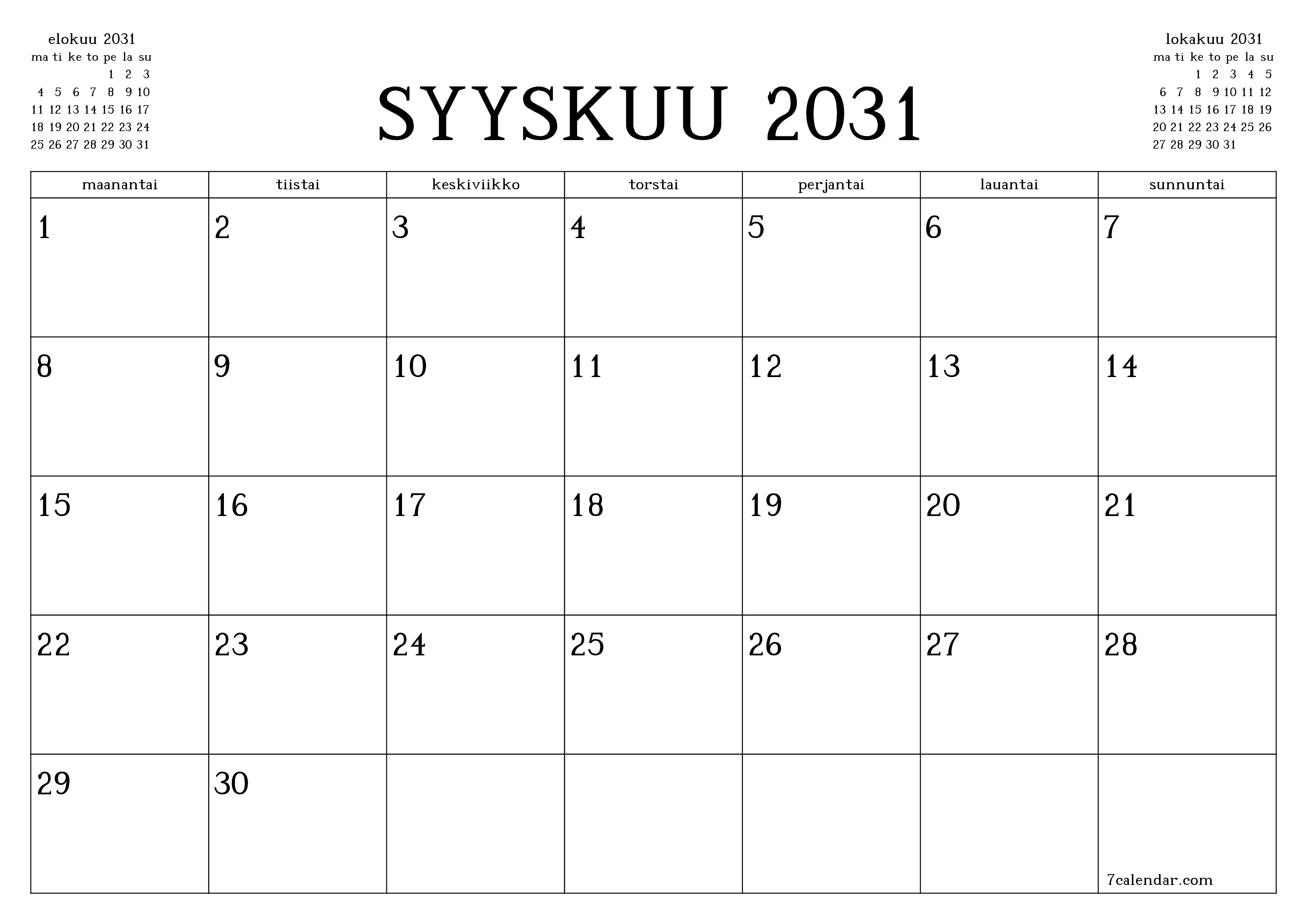 Tyhjennä kuukausittainen suunnittelija kuukaudelle Syyskuu 2031 muistiinpanoilla, tallenna ja tulosta PDF-muotoon PNG Finnish