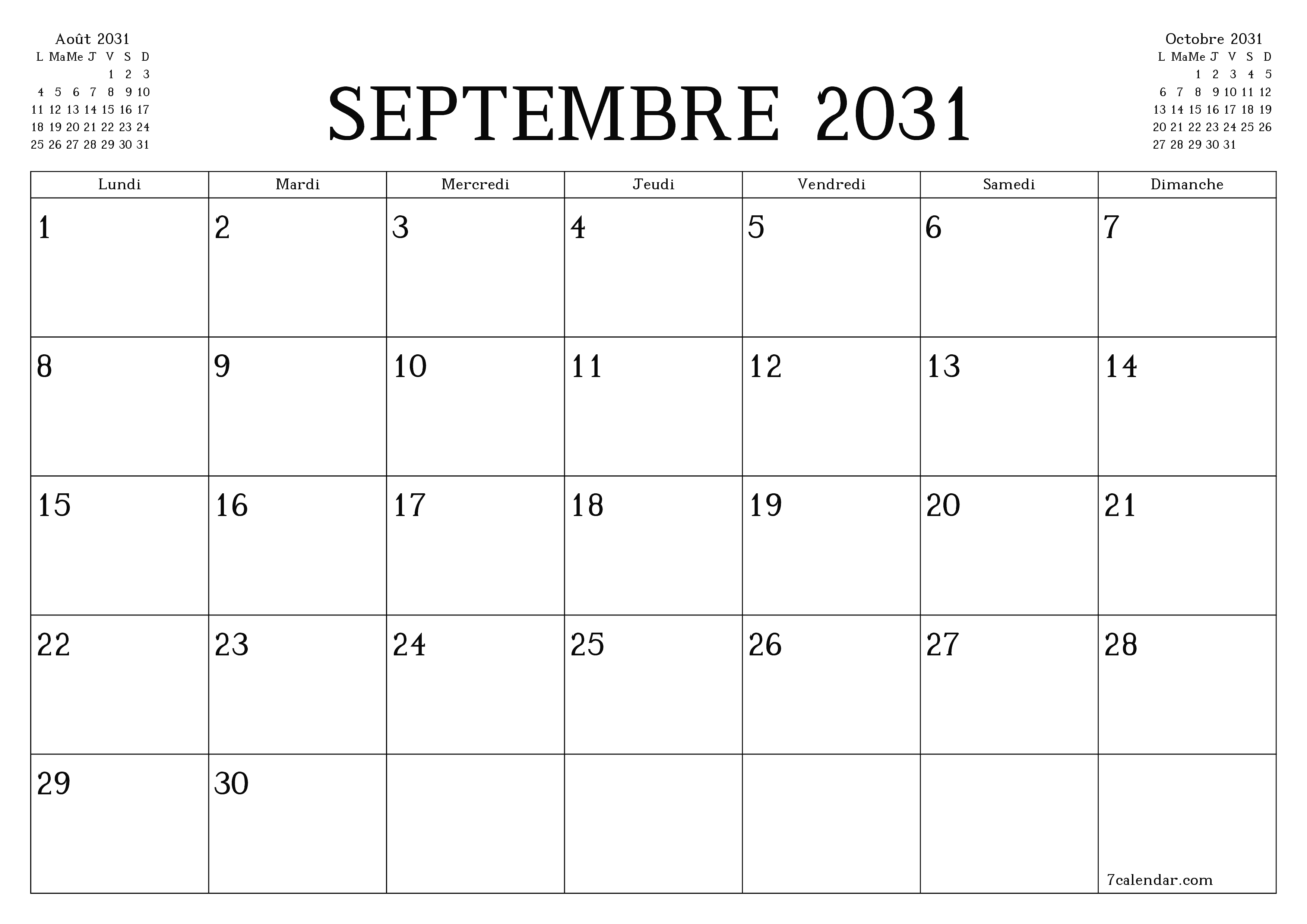 Agenda mensuel vide pour le mois Septembre 2031 avec notes, enregistrez et imprimez au format PDF PNG French