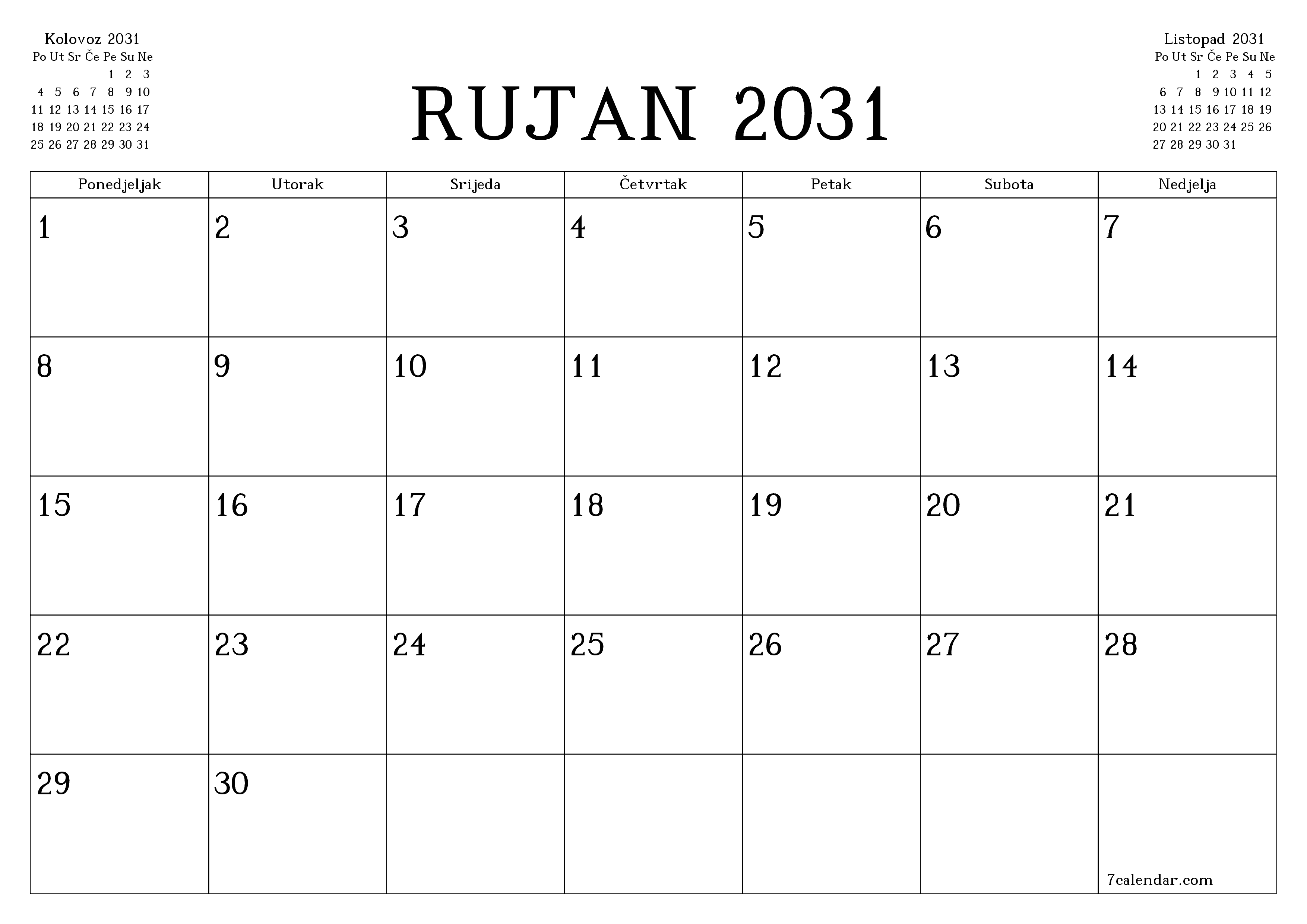 Ispraznite mjesečni planer za mjesec Rujan 2031 s bilješkama, spremite i ispišite u PDF PNG Croatian