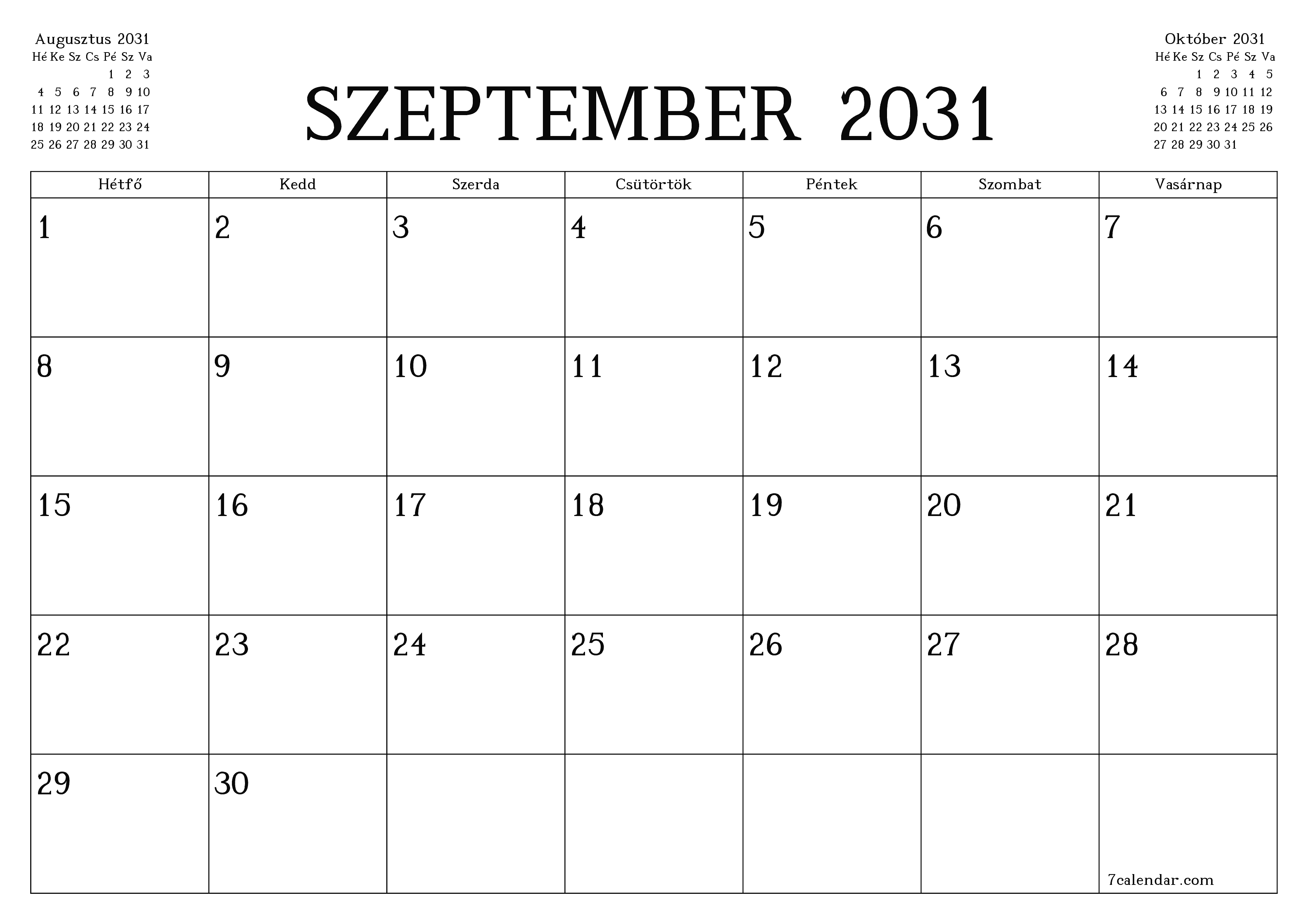 Üres havi tervező a Szeptember 2031 hónapra jegyzetekkel, mentés és nyomtatás PDF-be PNG Hungarian