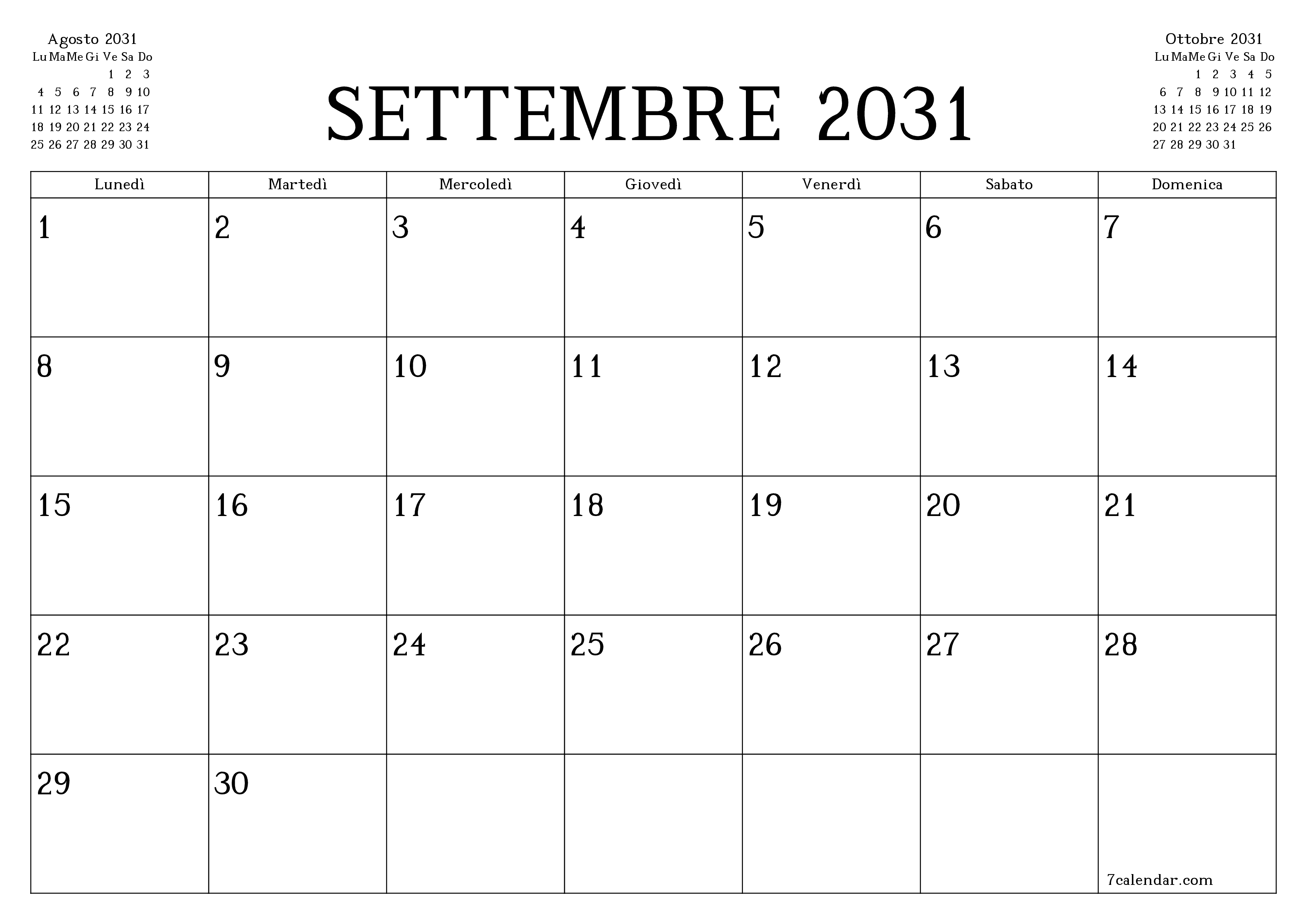 Pianificatore mensile vuoto per il mese Settembre 2031 con note, salva e stampa in PDF PNG Italian