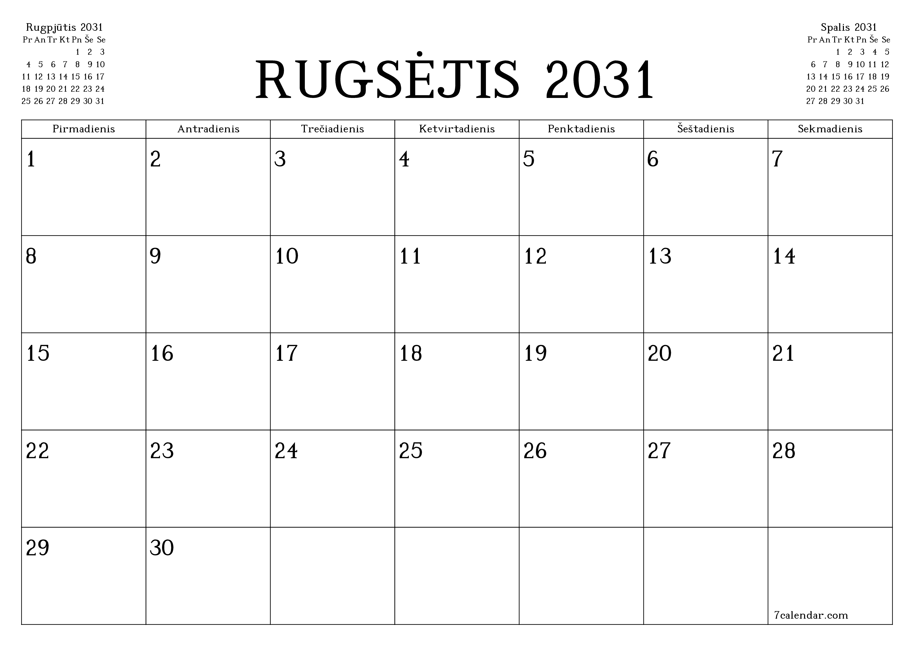 Ištuštinti mėnesio Rugsėjis 2031 mėnesio planavimo priemonę su užrašais, išsaugoti ir atsispausdinti PDF formate PNG Lithuanian