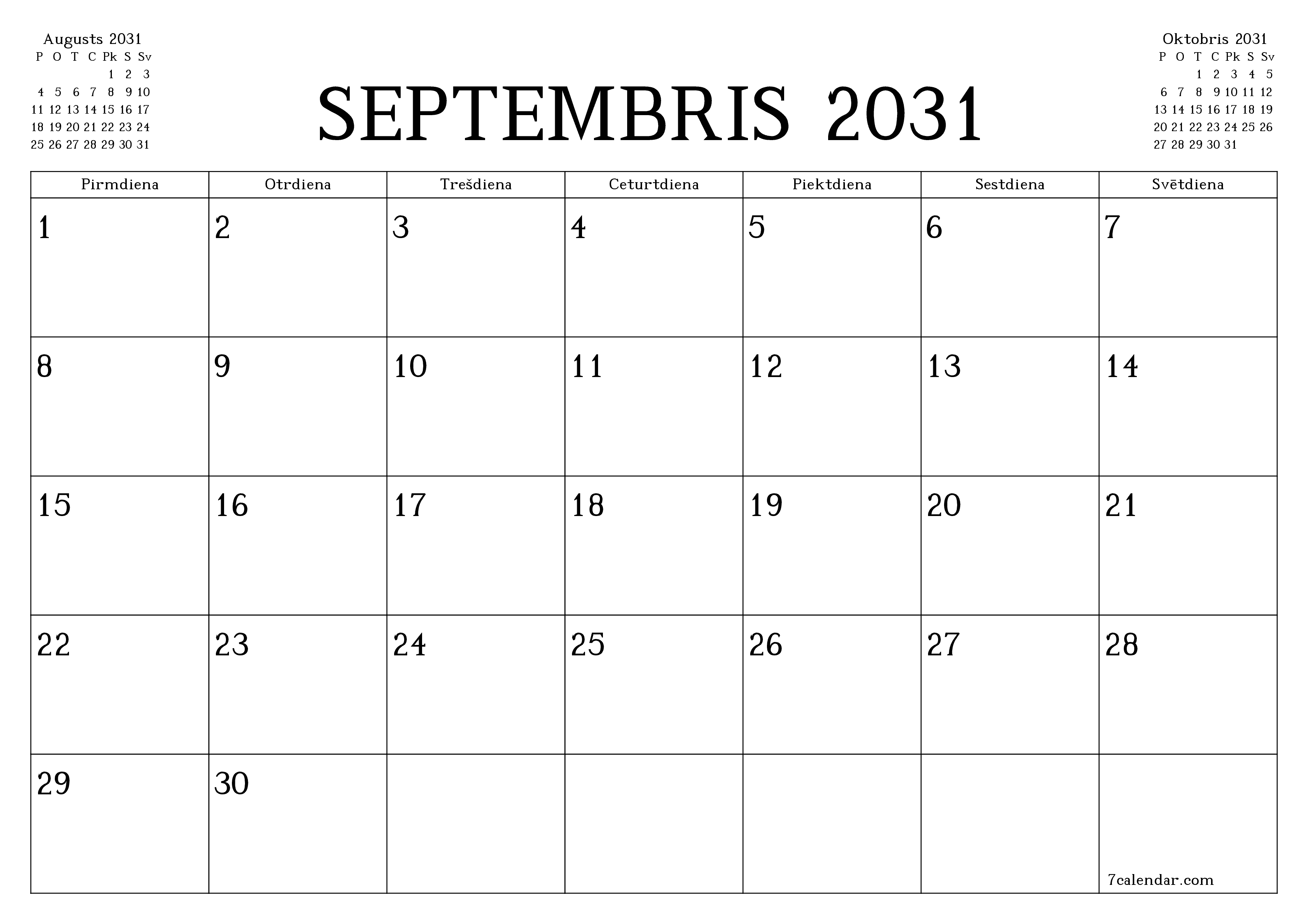 Iztukšot mēneša plānotāju mēnesim Septembris 2031 ar piezīmēm, saglabāt un izdrukāt PDF formātā PNG Latvian
