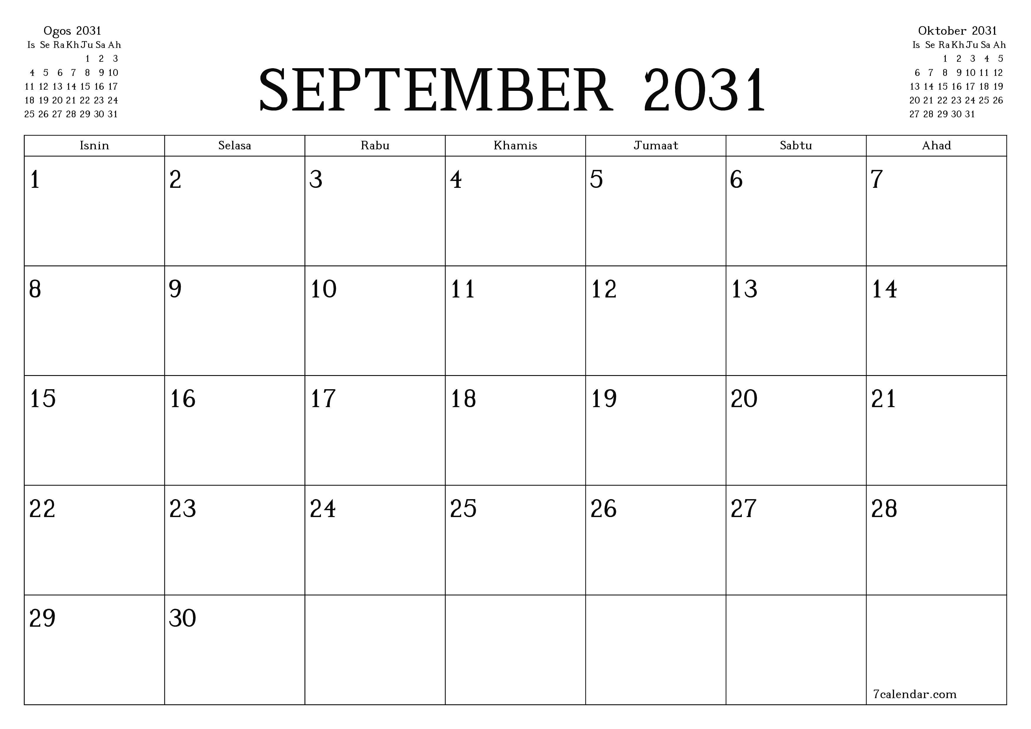 Perancang bulanan kosong untuk bulan September 2031 dengan nota, simpan dan cetak ke PDF PNG Malay