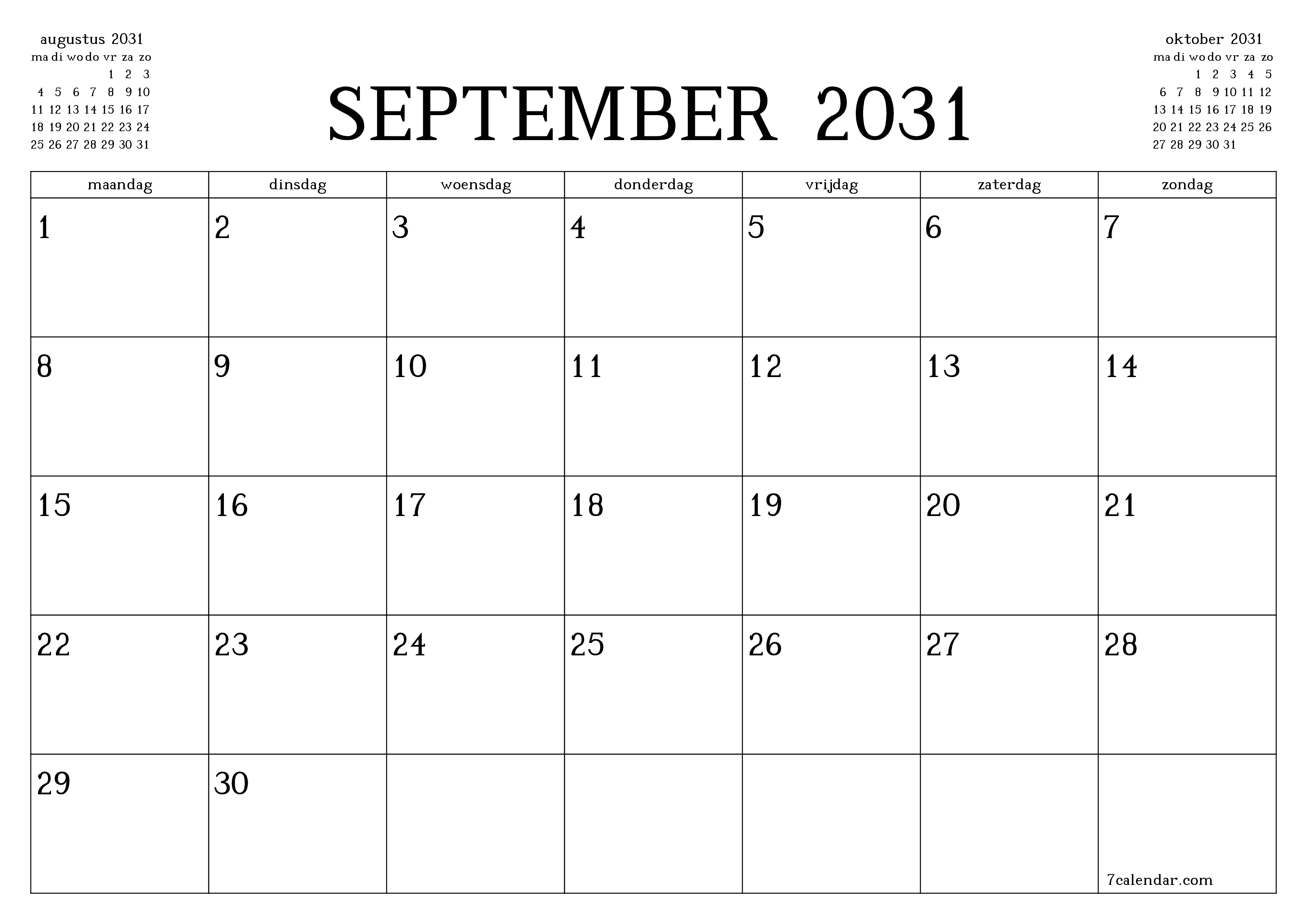 Lege maandplanner voor maand september 2031 met notities, opslaan en afdrukken naar pdf PNG Dutch