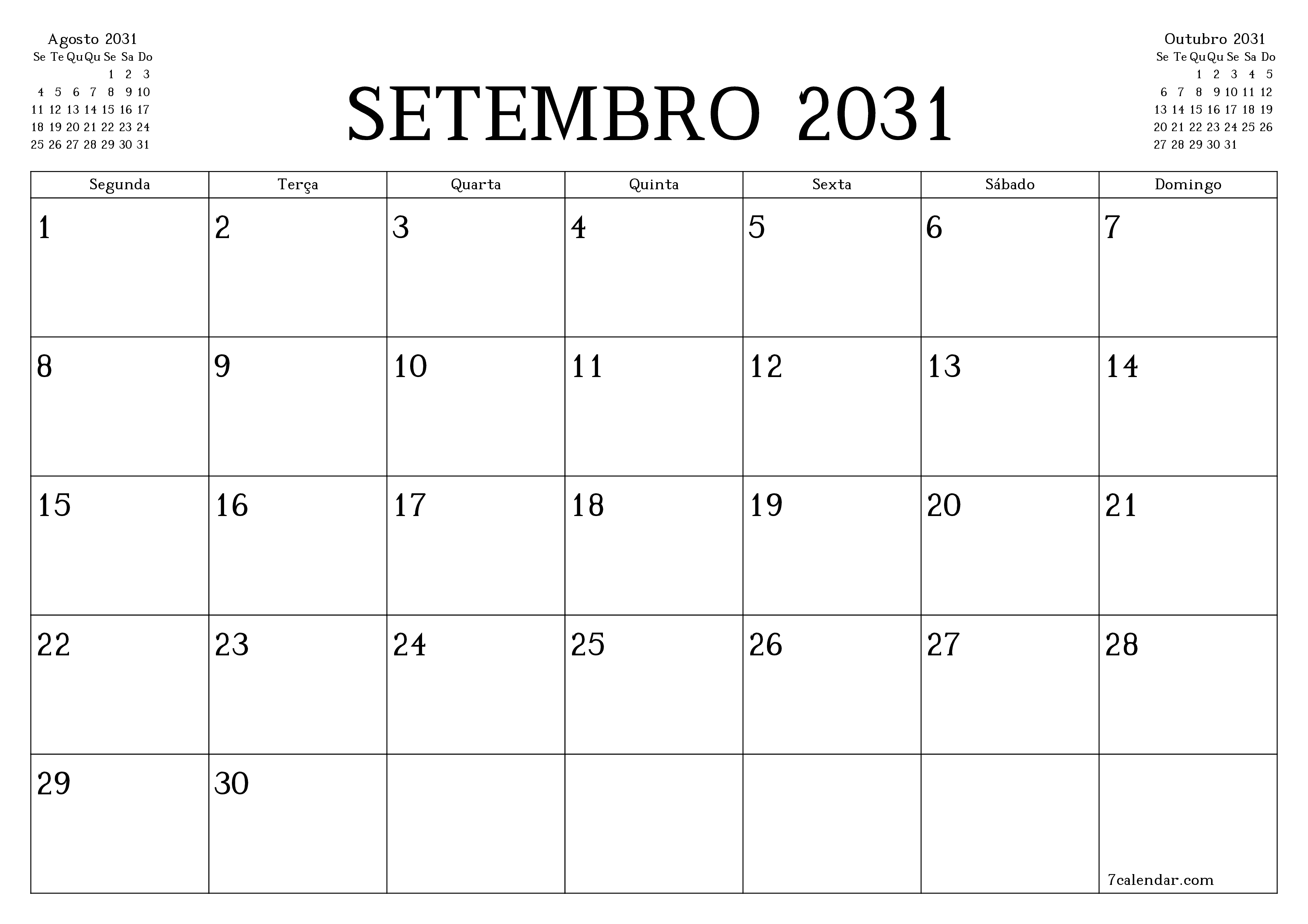 Esvazie o planejador mensal para o mês Setembro 2031 com notas, salve e imprima em PDF PNG Portuguese