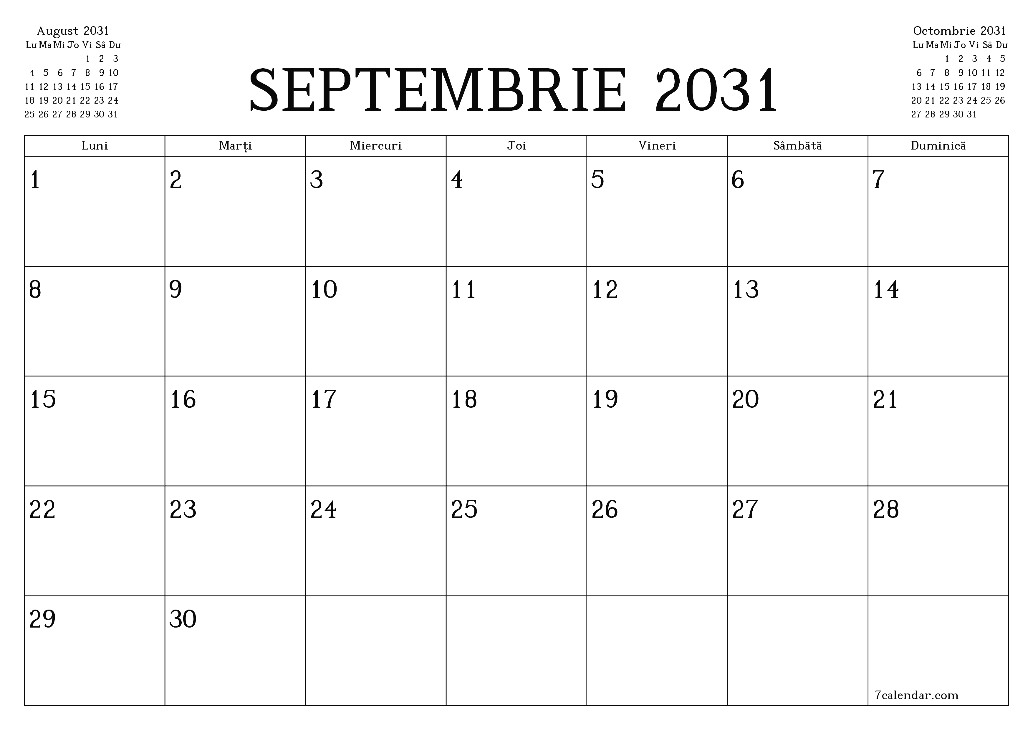 Planificator lunar gol pentru luna Septembrie 2031 cu note, salvați și tipăriți în PDF PNG Romanian