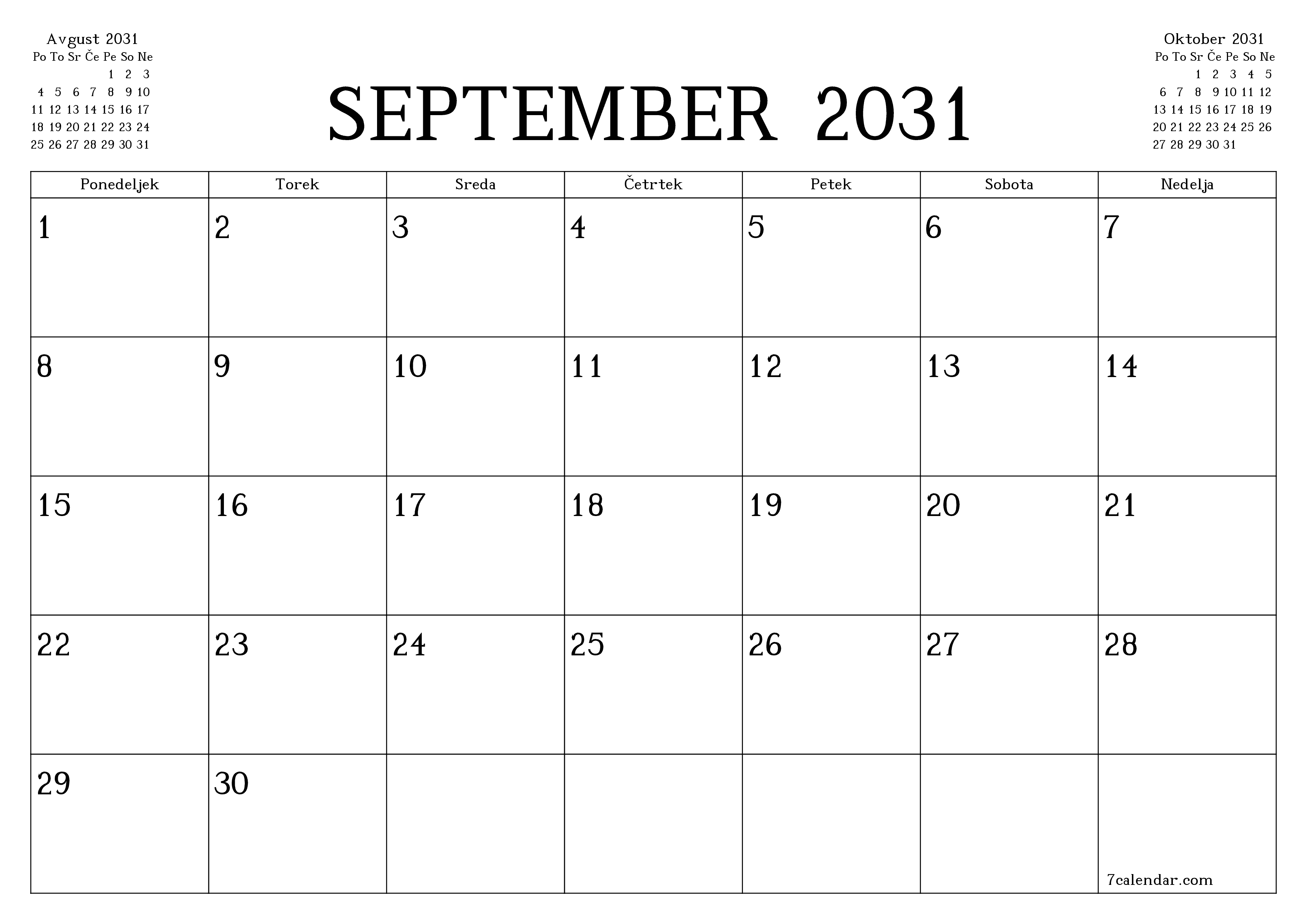 Prazen mesečni načrtovalec koledarja za mesec September 2031 z opombami, natisnjenimi v PDF PNG Slovenian